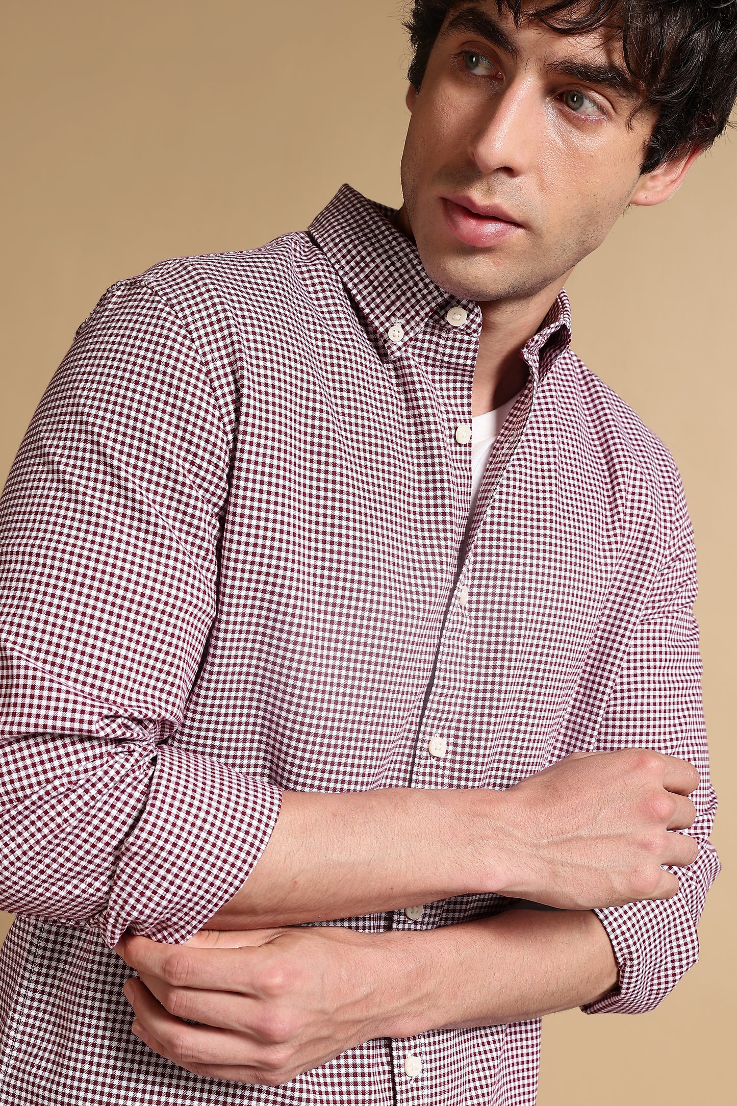 Cotton Oxford Slim Fit Mini Checks Shirt Maroon