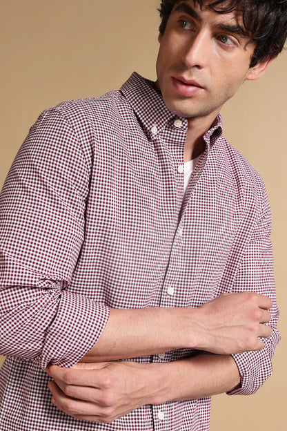 Slim Fit Mini Checks Shirt Maroon