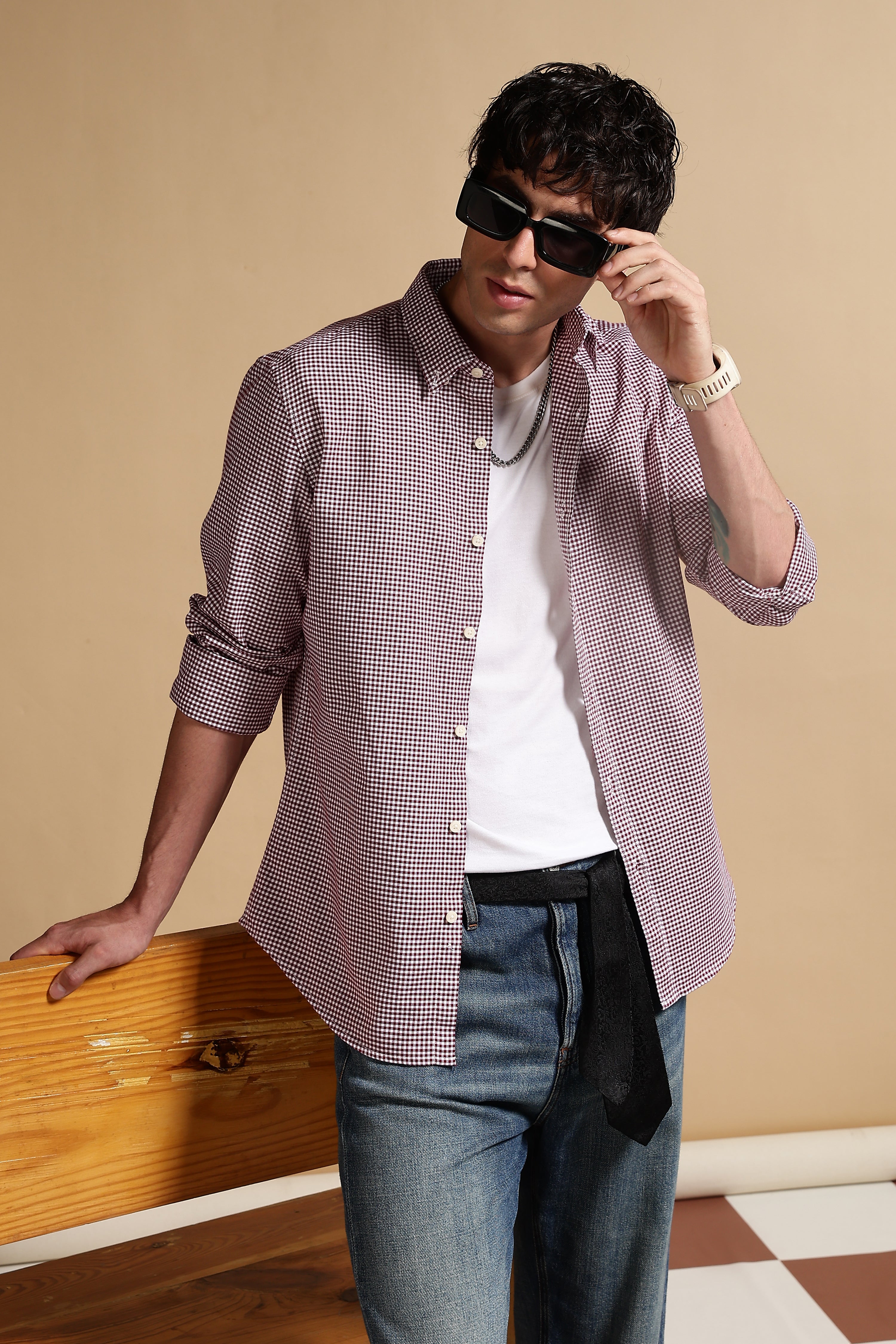 Slim Fit Mini Checks Shirt Maroon