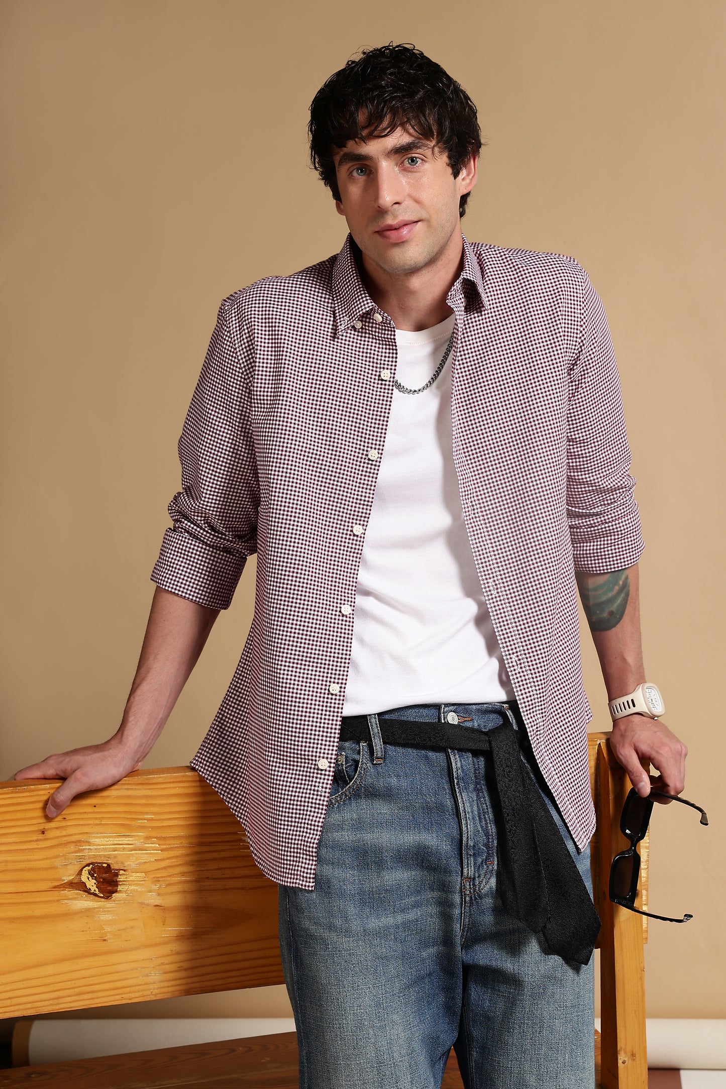 Cotton Oxford Slim Fit Mini Checks Shirt Maroon