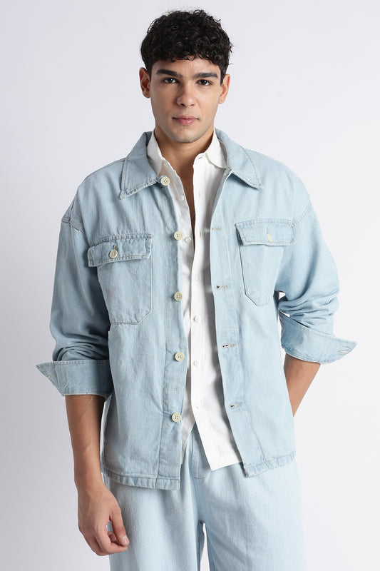 Men's Ice Blue Denim Shacket - Oversized Fit