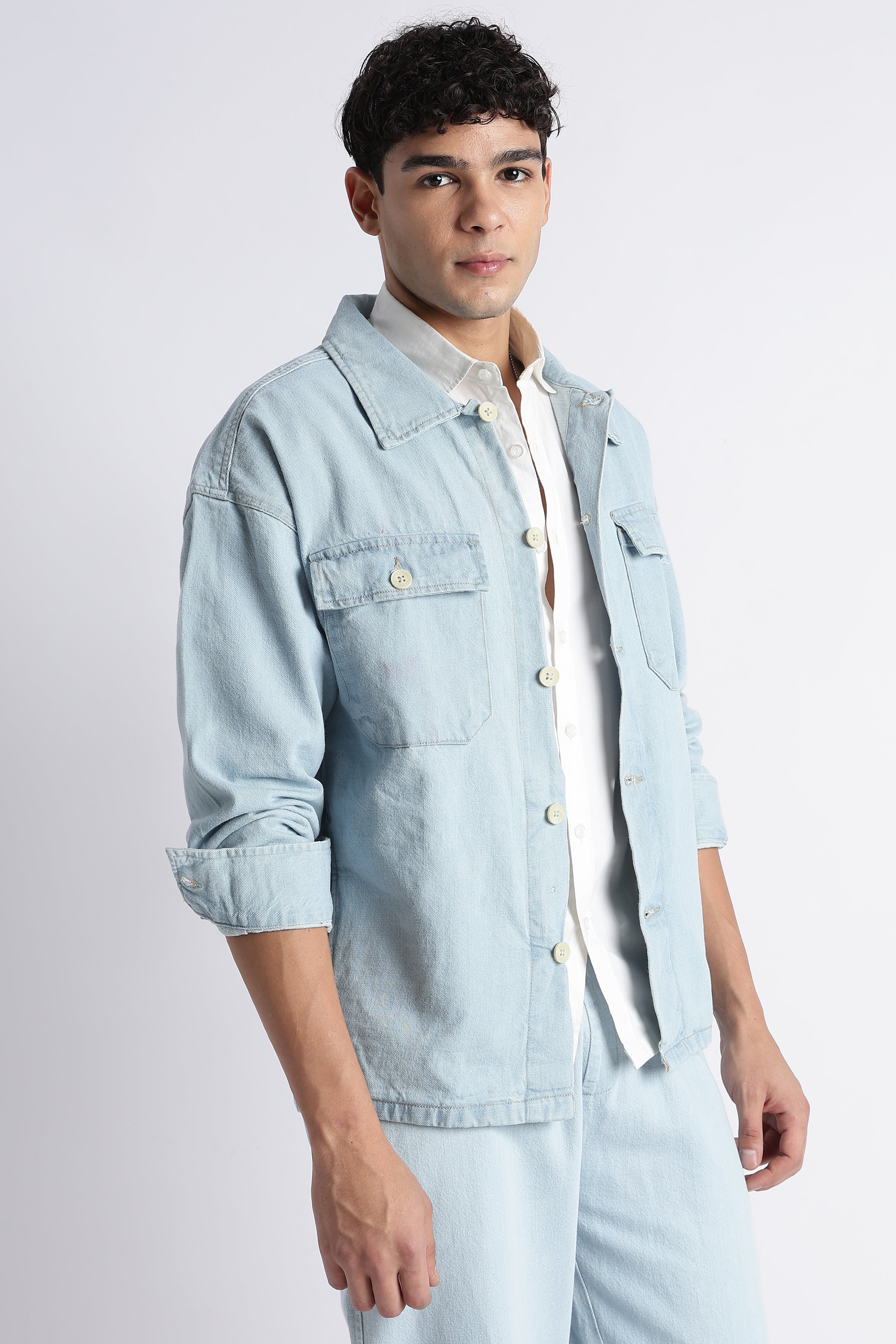Men's Ice Blue Denim Shacket - Oversized Fit