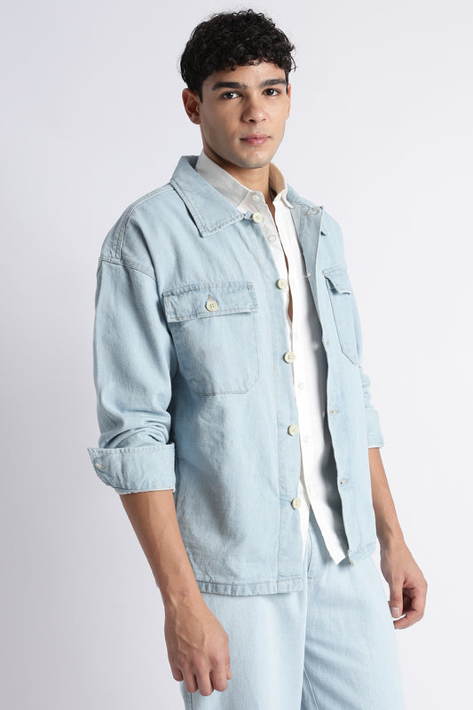 Men's Ice Blue Denim Shacket - Oversized Fit