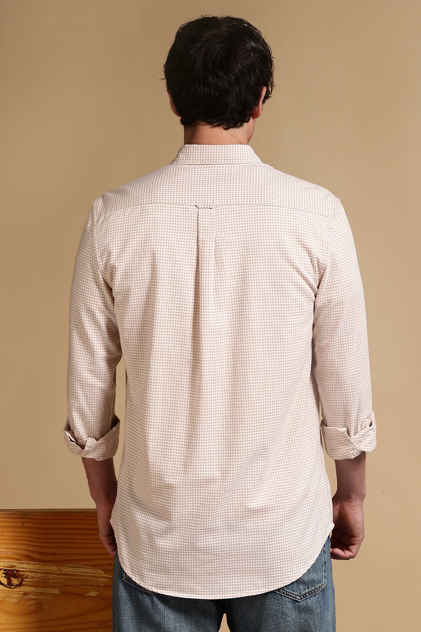 Cotton Oxford Slim Fit Mini Checks Shirt Cream