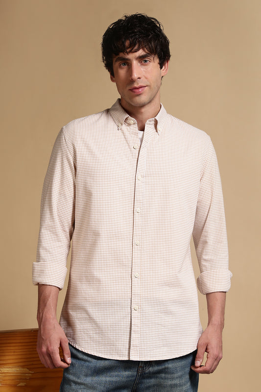 Cotton Oxford Slim Fit Mini Checks Shirt Cream