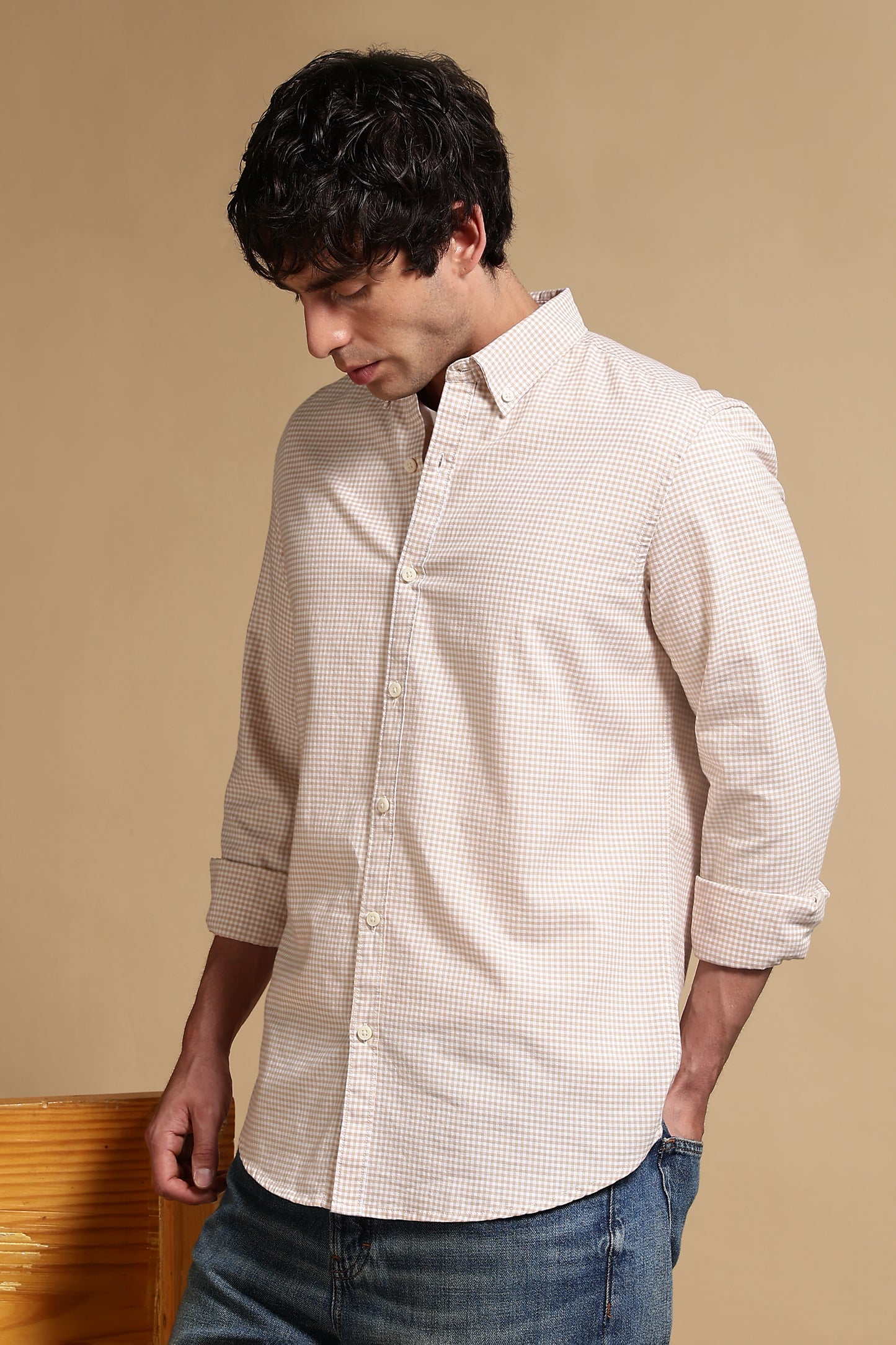 Cotton Oxford Slim Fit Mini Checks Shirt Cream
