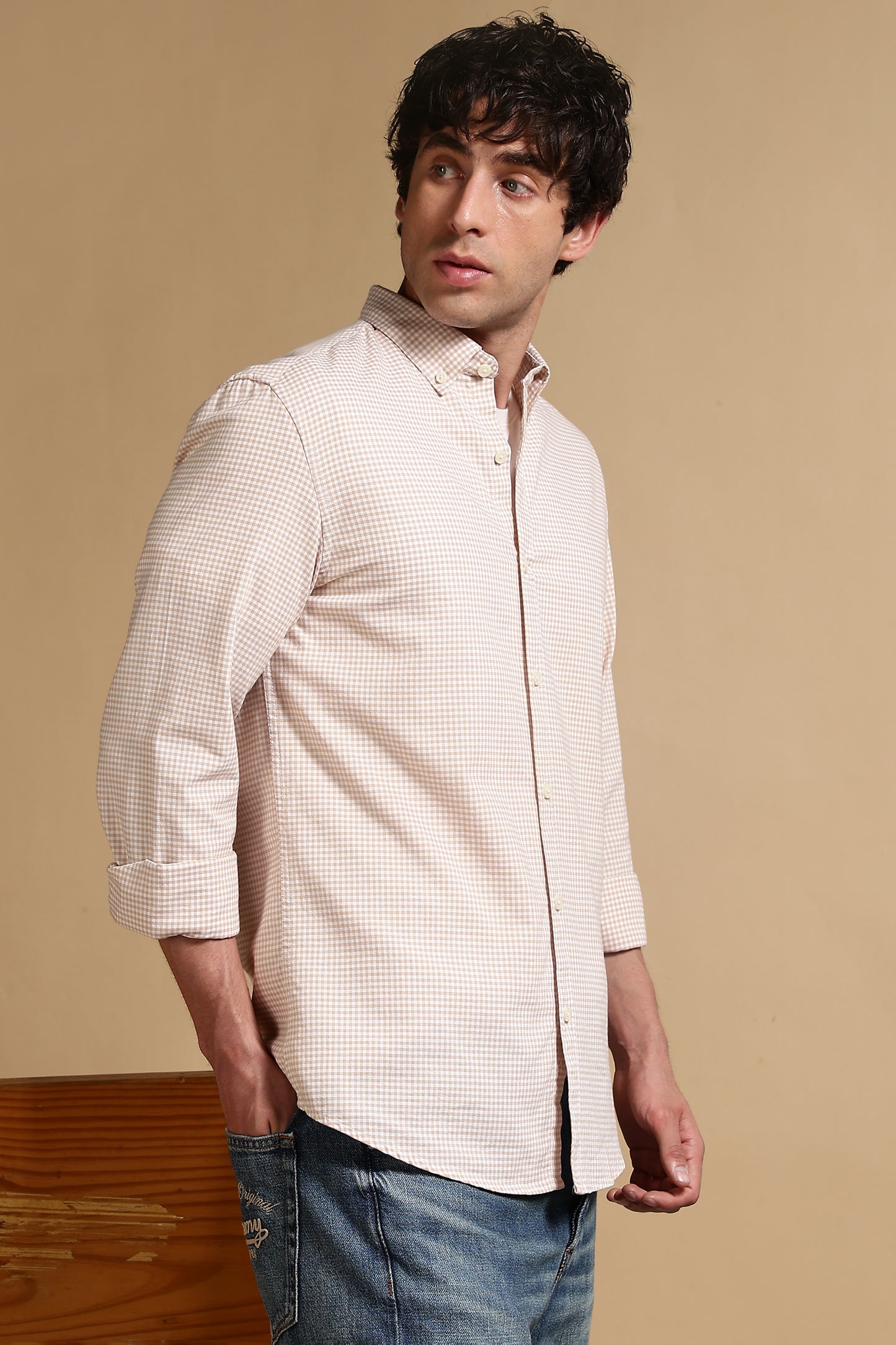 Cotton Oxford Slim Fit Mini Checks Shirt Cream
