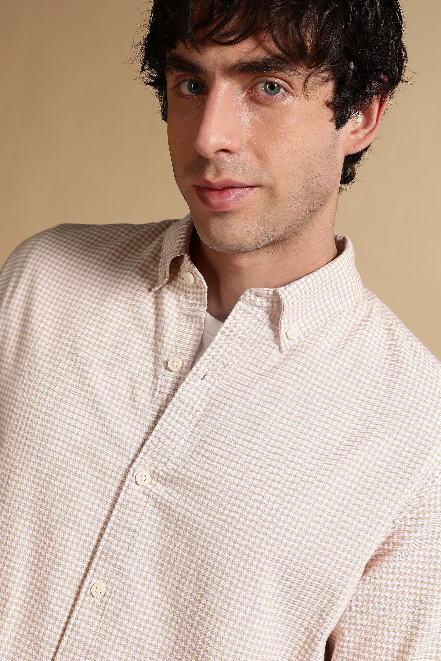 Cotton Oxford Slim Fit Mini Checks Shirt Cream