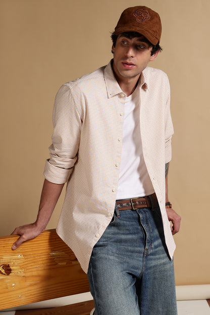 Slim Fit Mini Checks Shirt Cream