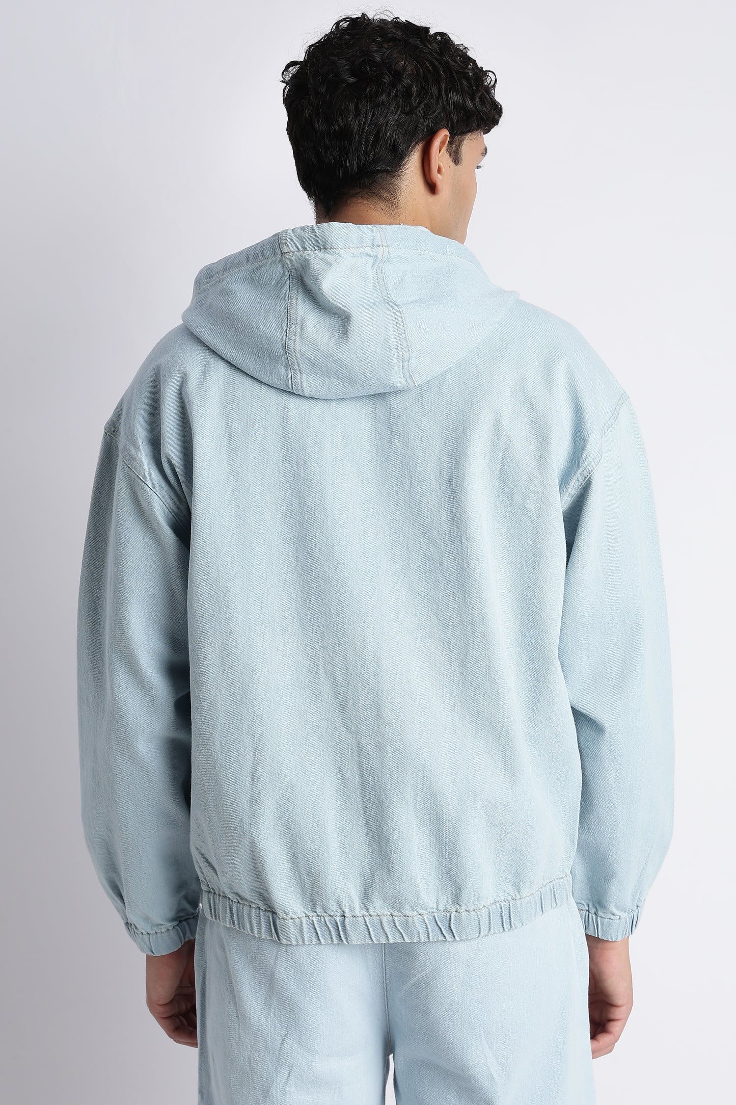 Ice Blue Denim Zip-Up Hoodie Jacket for Men