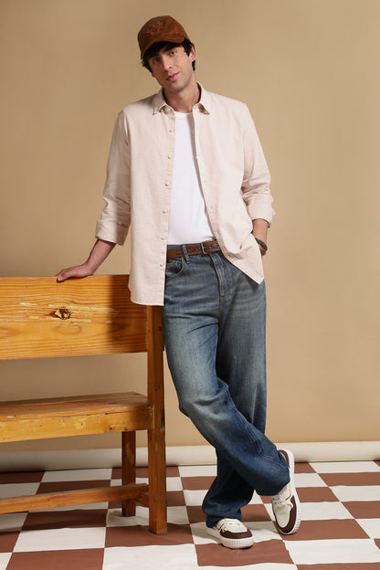 Slim Fit Mini Checks Shirt Cream