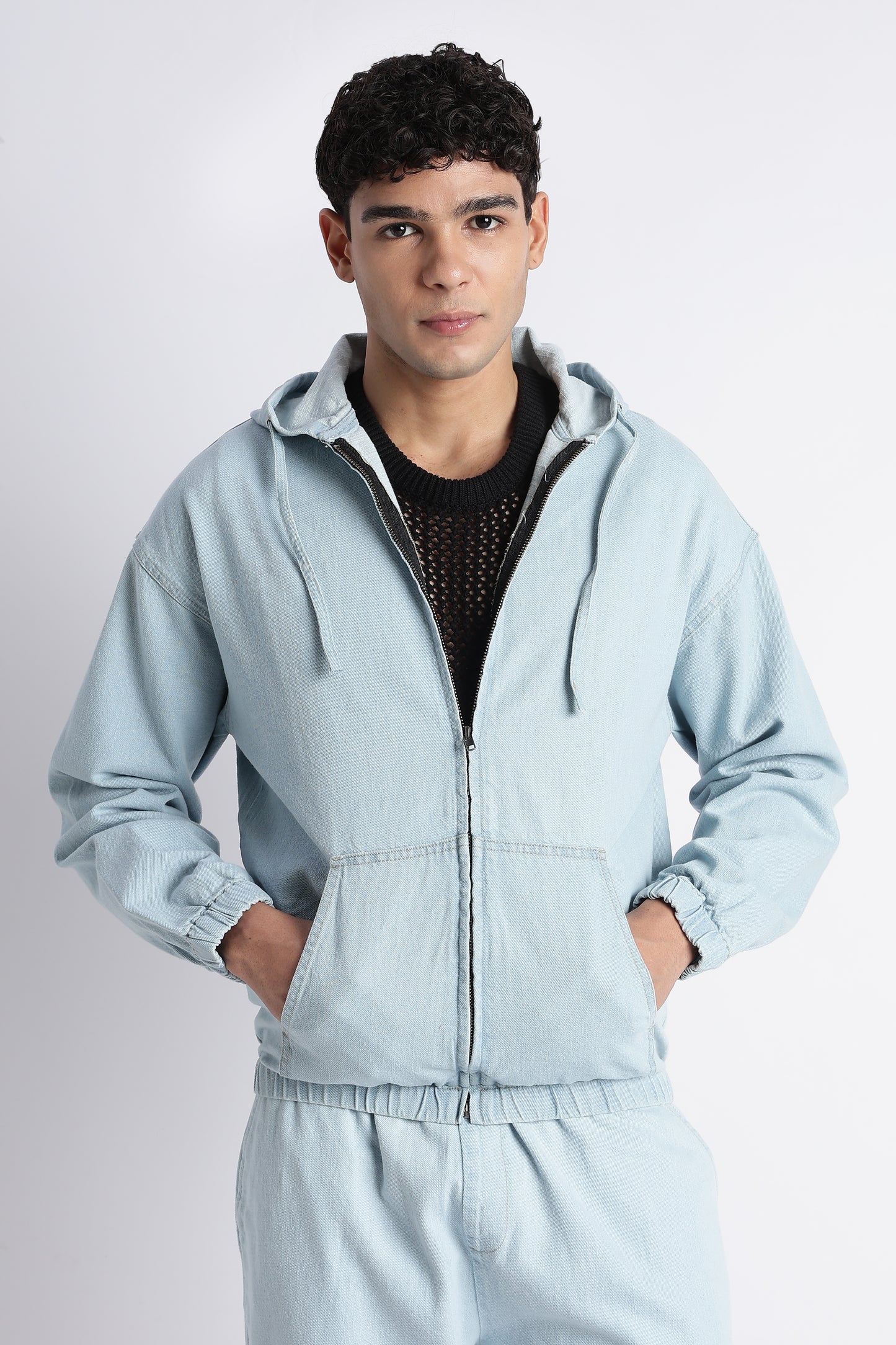 Ice Blue Denim Zip-Up Hoodie Jacket for Men