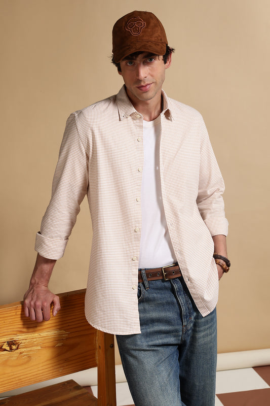 Cotton Oxford Slim Fit Mini Checks Shirt Cream