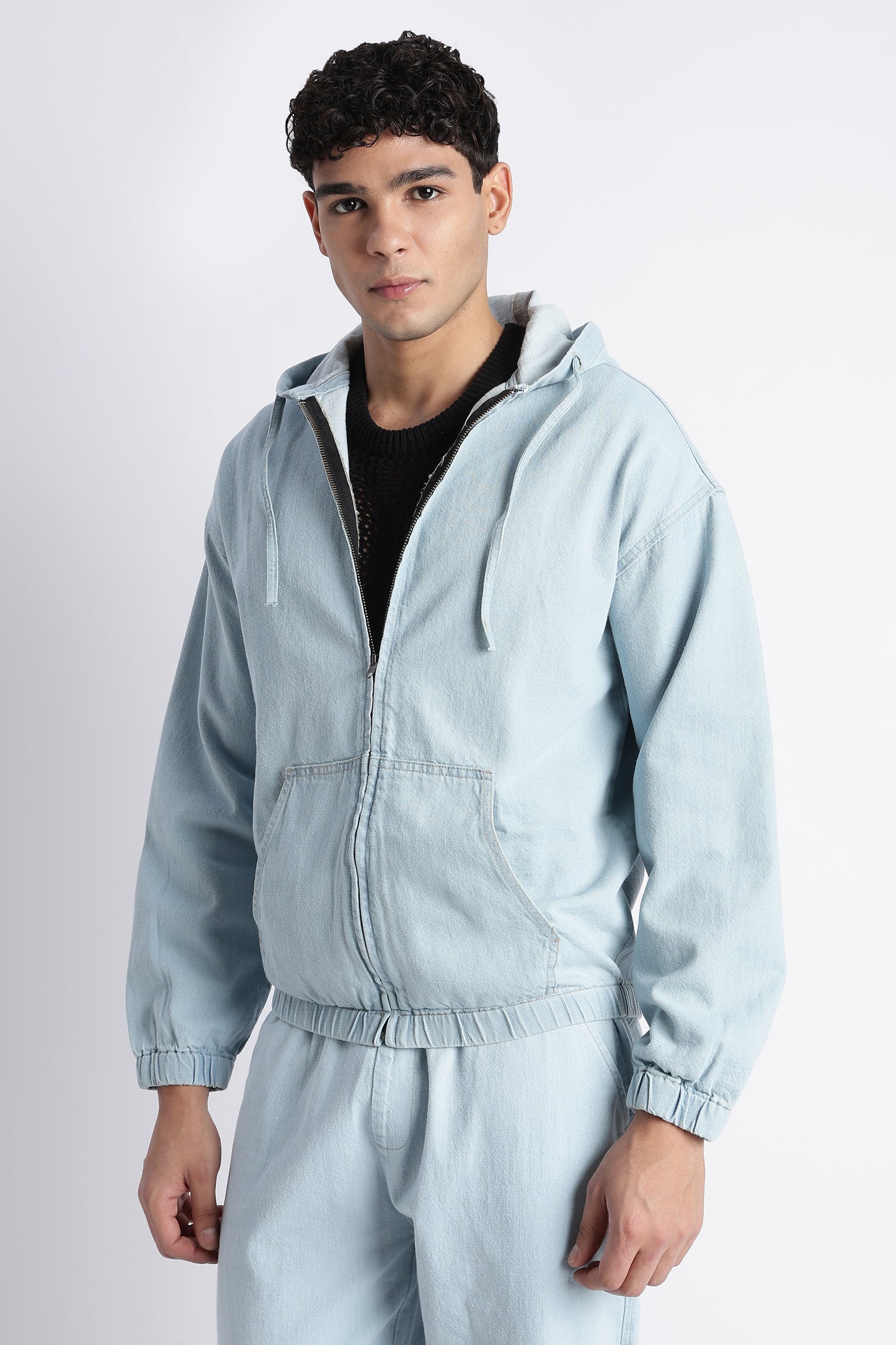 Ice Blue Denim Zip-Up Hoodie Jacket for Men