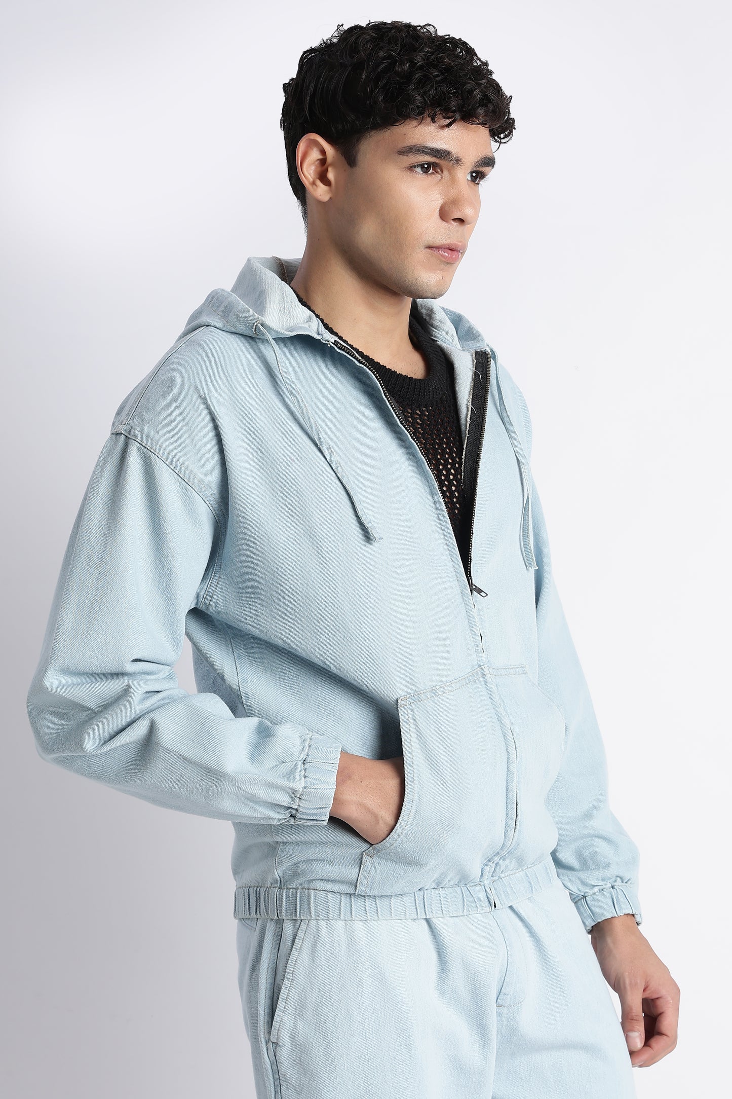 Ice Blue Denim Zip-Up Hoodie Jacket for Men
