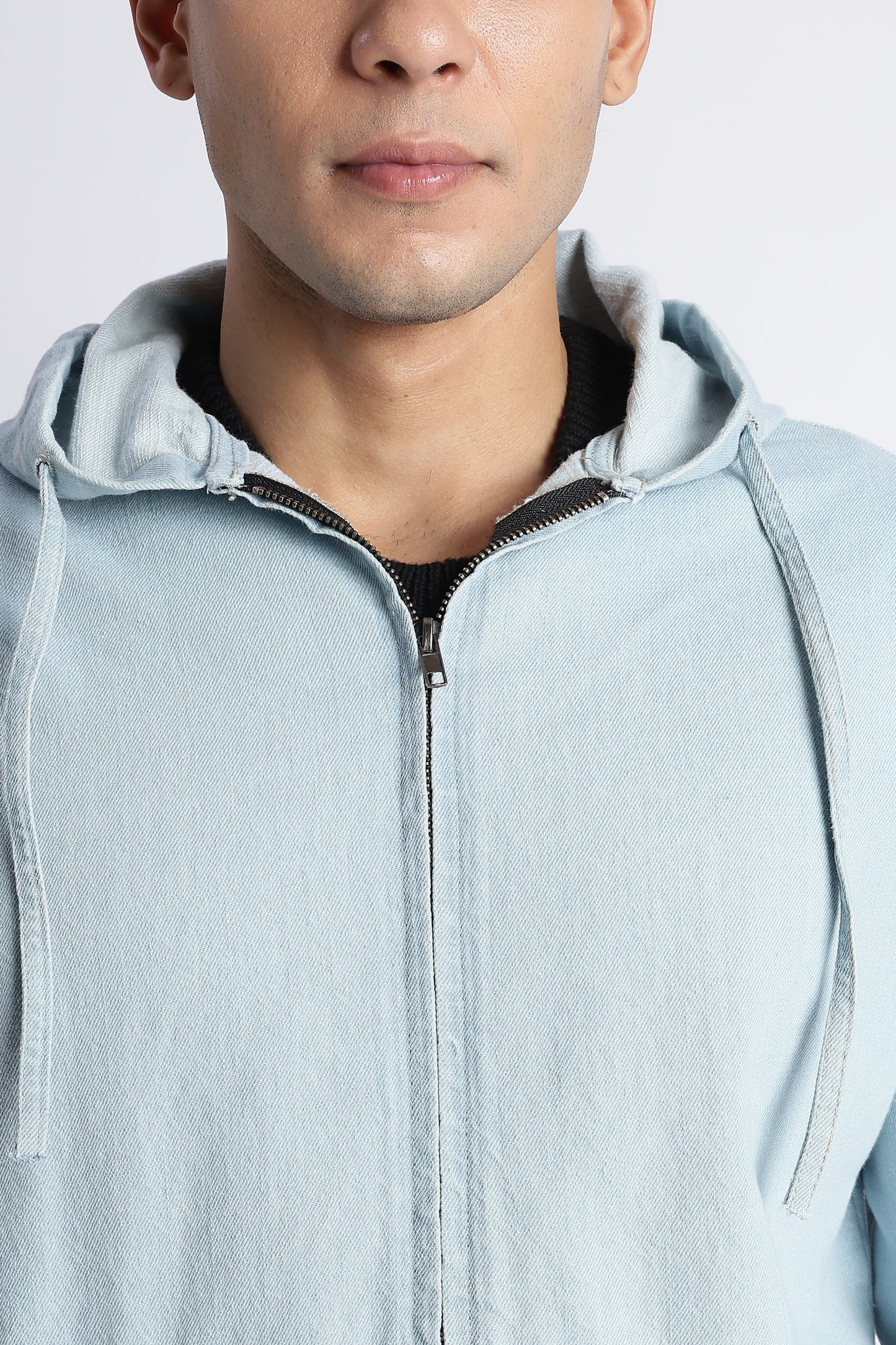 Ice Blue Denim Zip-Up Hoodie Jacket for Men