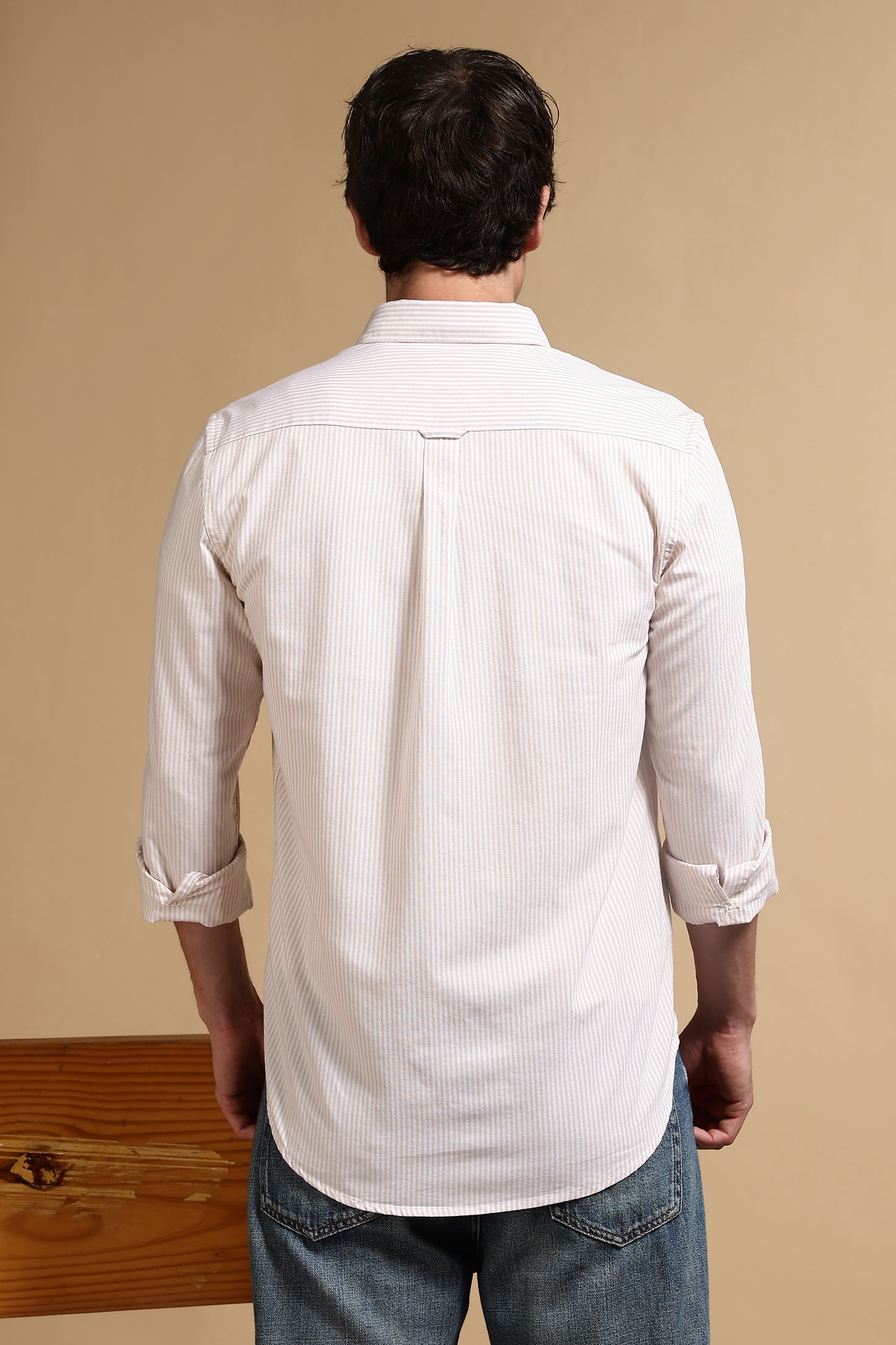 100% Cotton Oxford Slim Fit Striped Shirt Cream