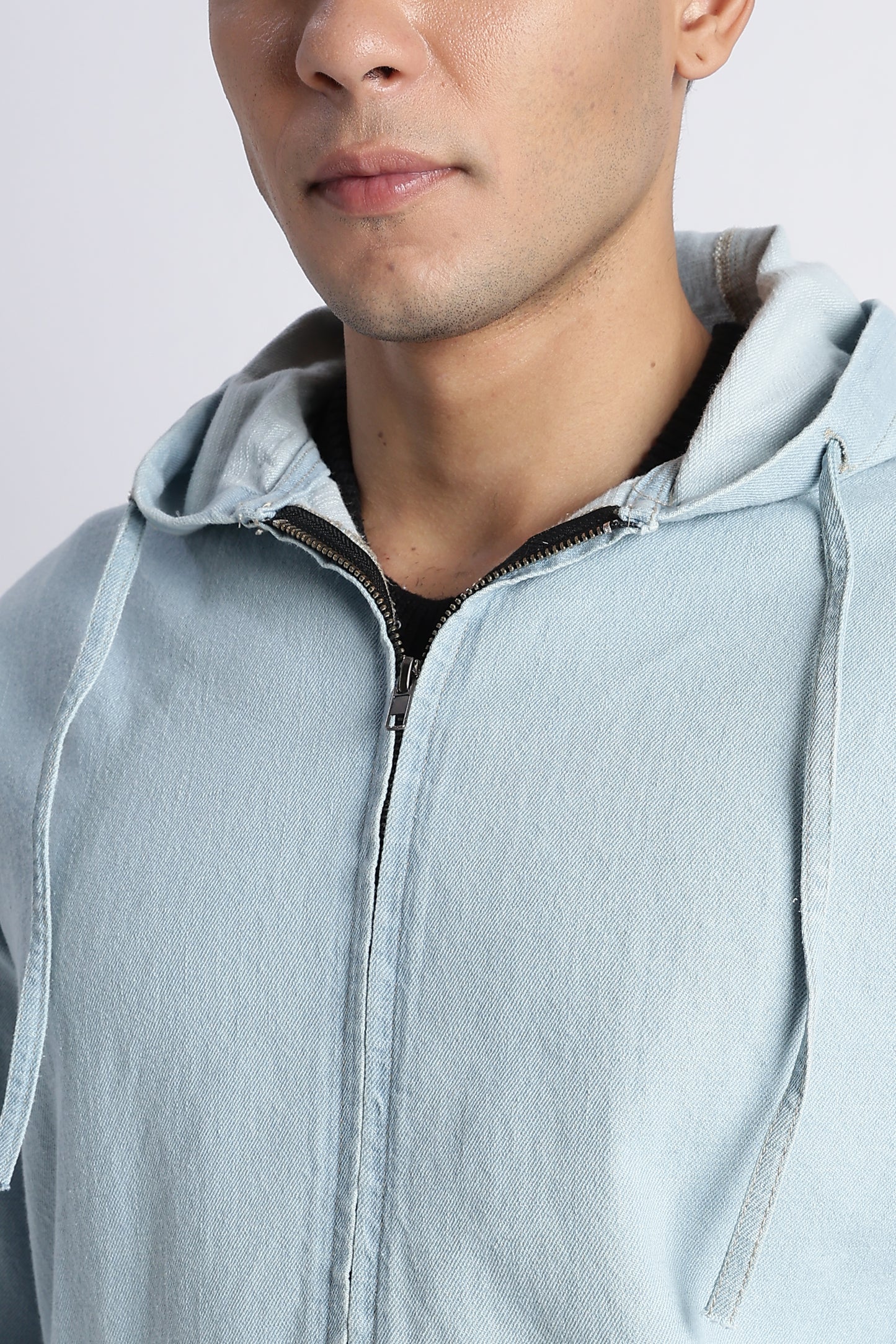 Ice Blue Denim Zip-Up Hoodie Jacket for Men