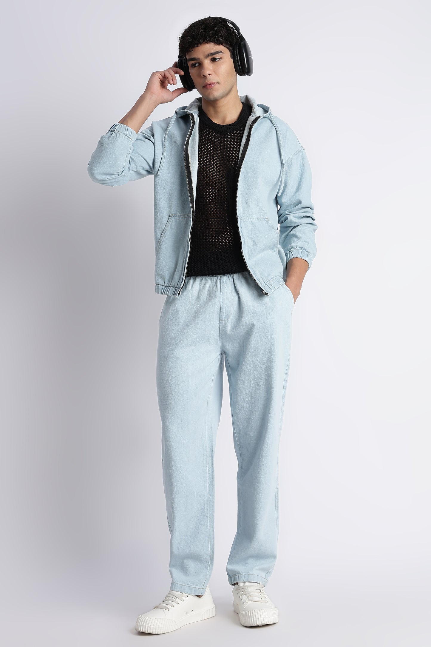 Ice Blue Denim Zip-Up Hoodie Jacket for Men