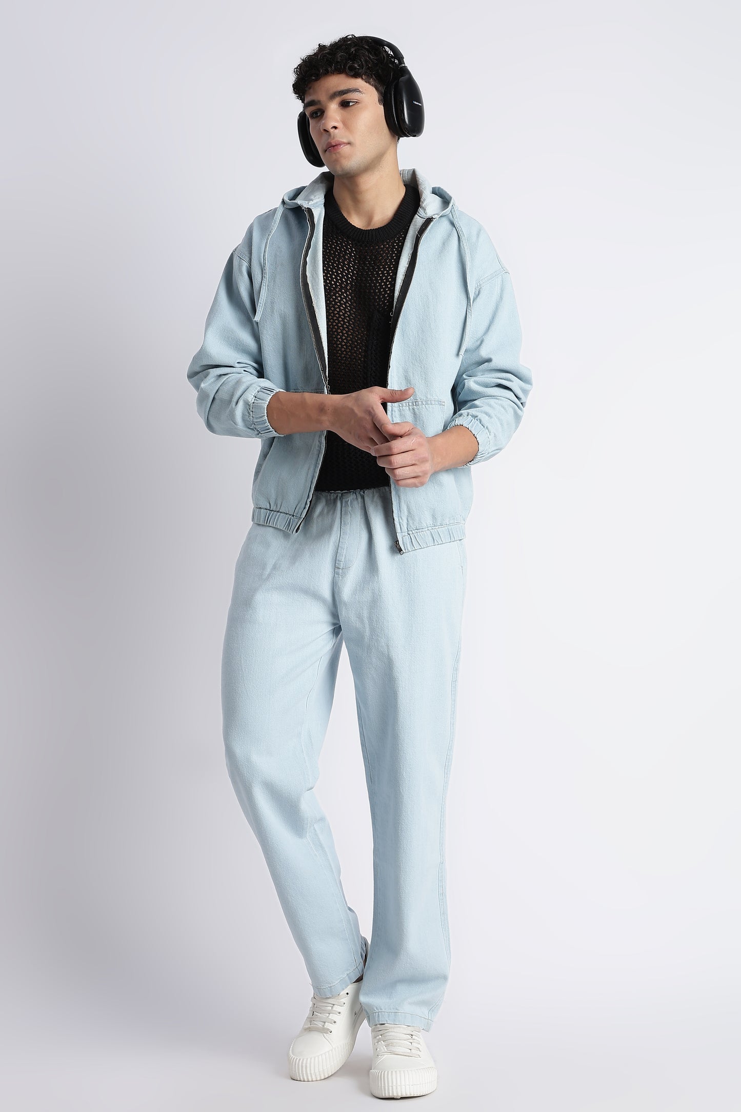 Ice Blue Denim Zip-Up Hoodie Jacket for Men
