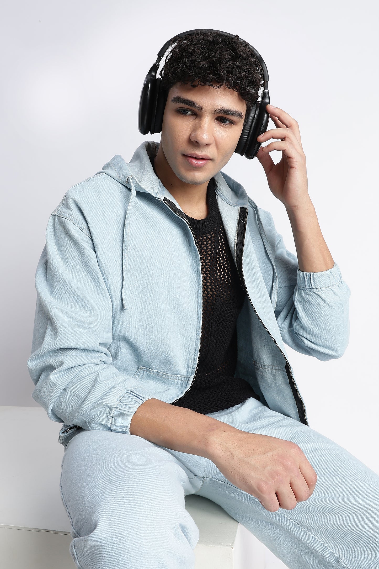 Ice Blue Denim Zip-Up Hoodie Jacket for Men