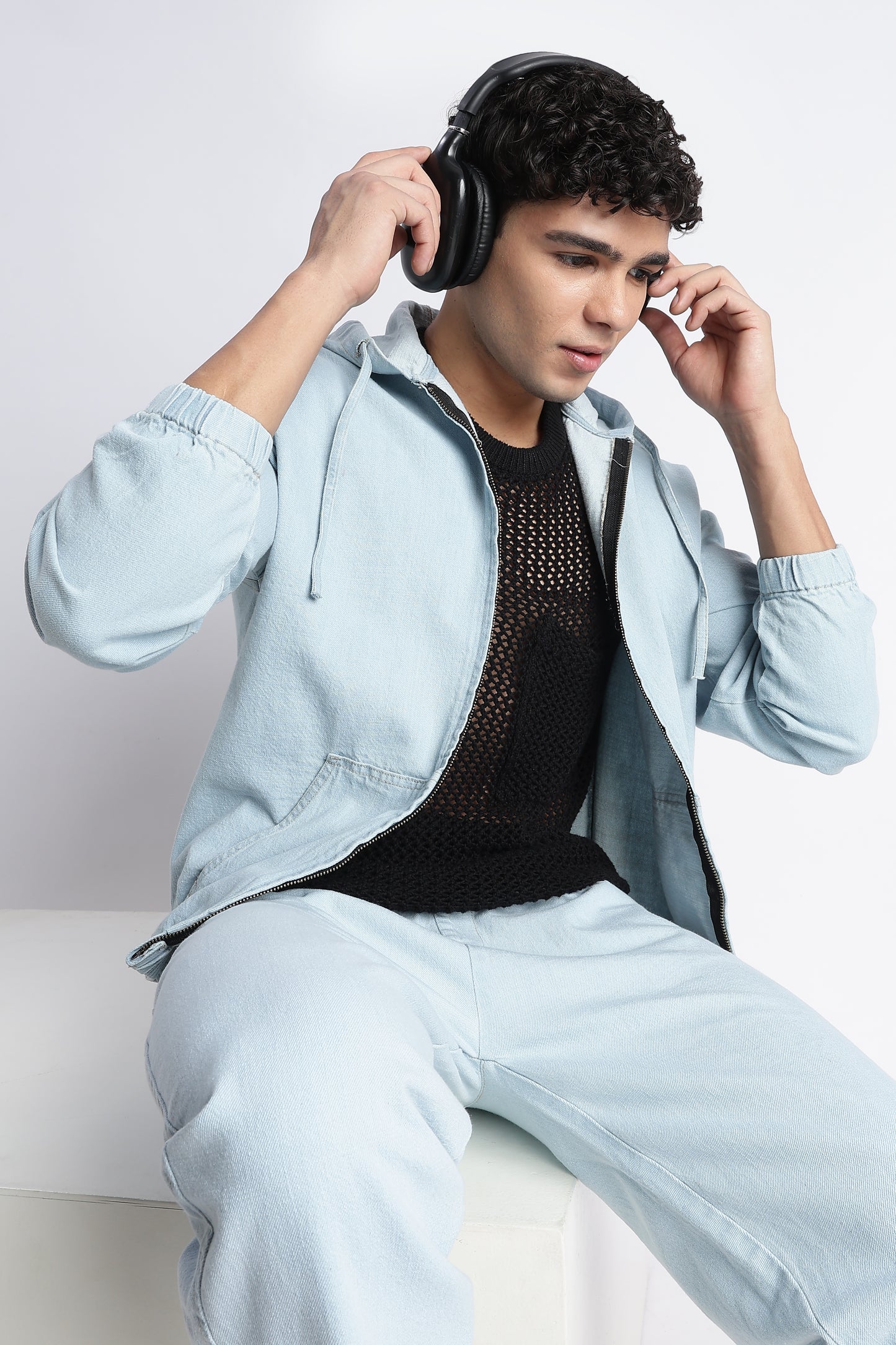 Ice Blue Denim Zip-Up Hoodie Jacket for Men