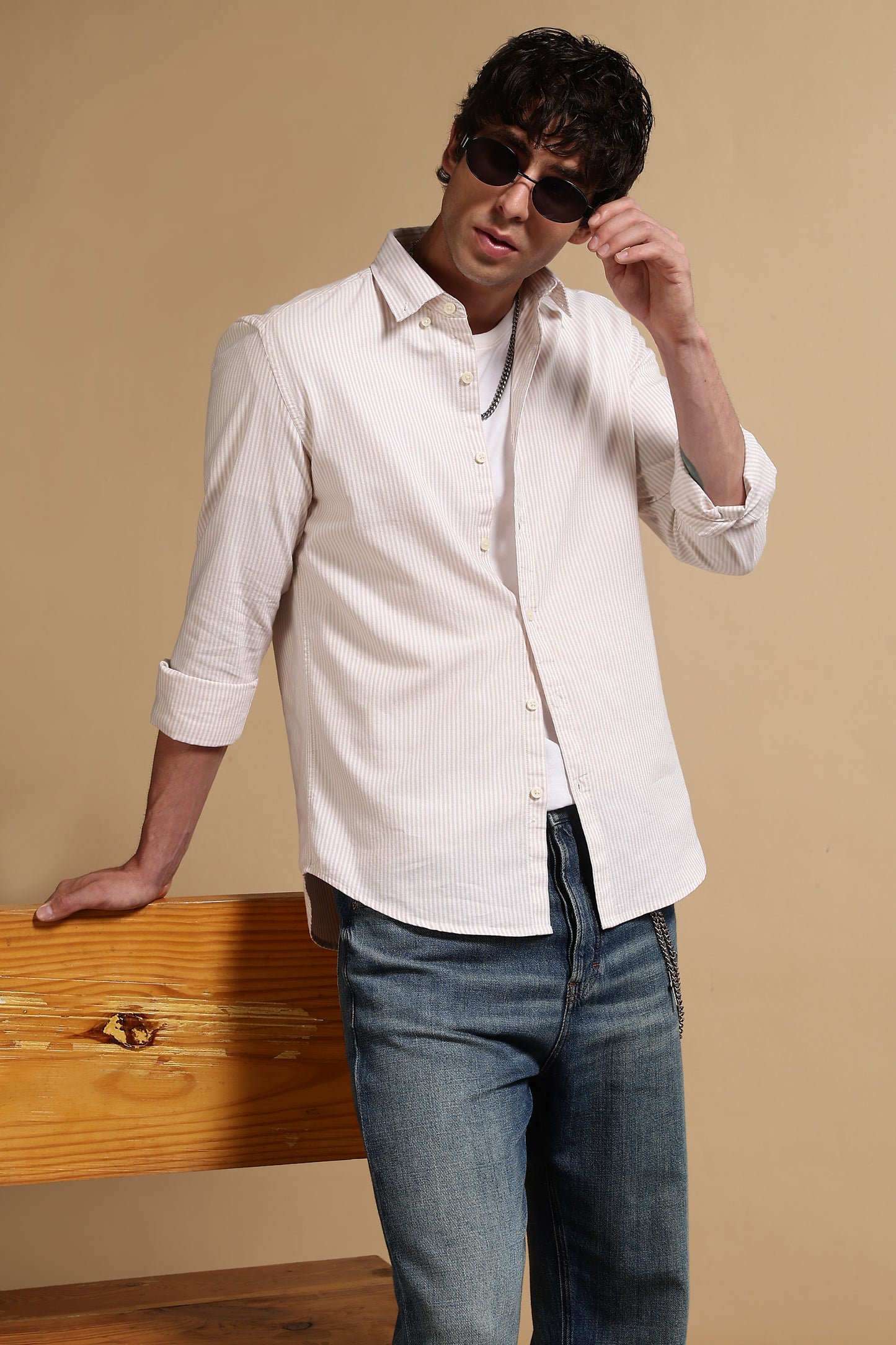 100% Cotton Oxford Slim Fit Striped Shirt Cream