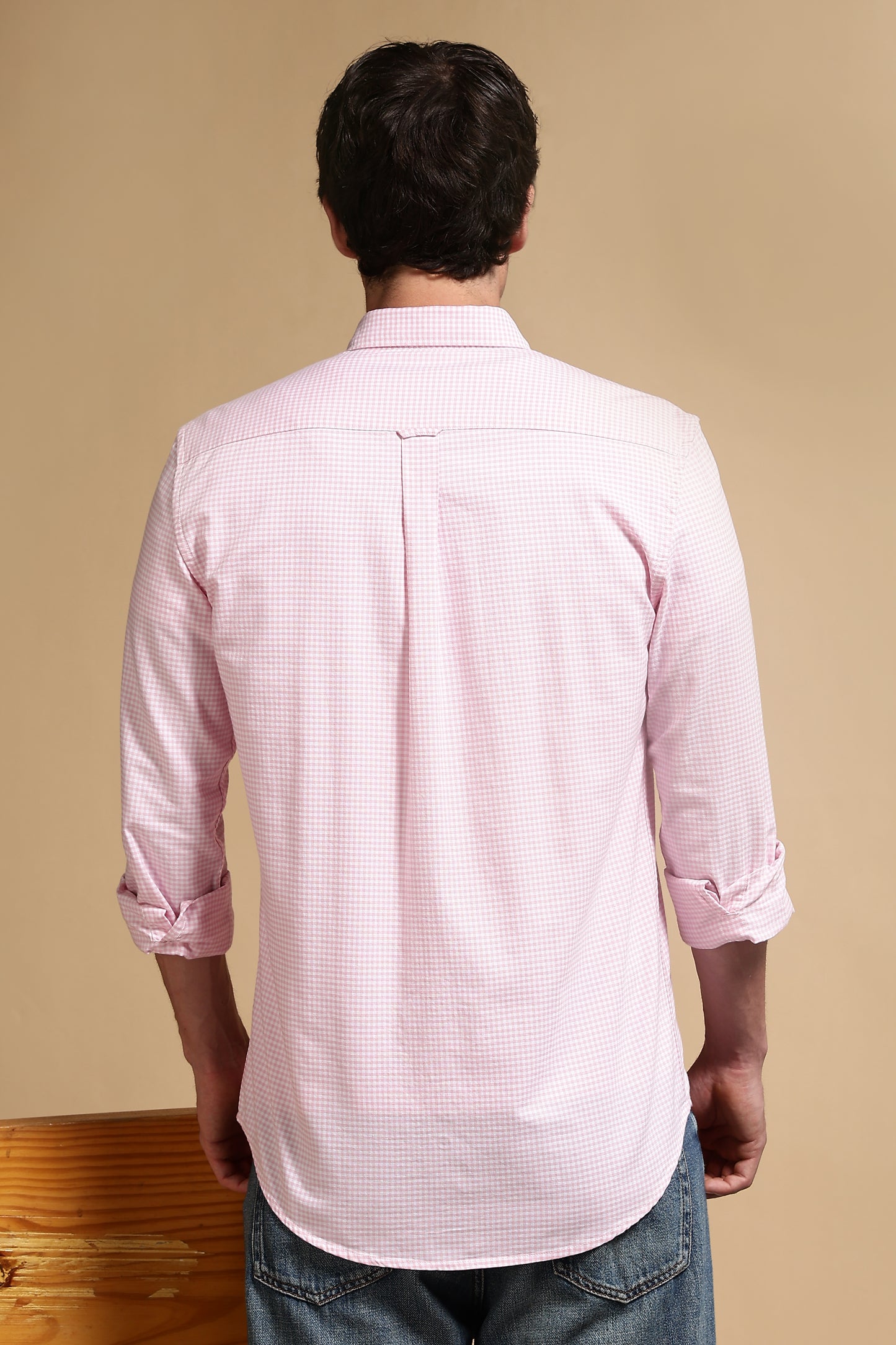 Cotton Oxford Slim Fit Mini Checks Shirt Pink