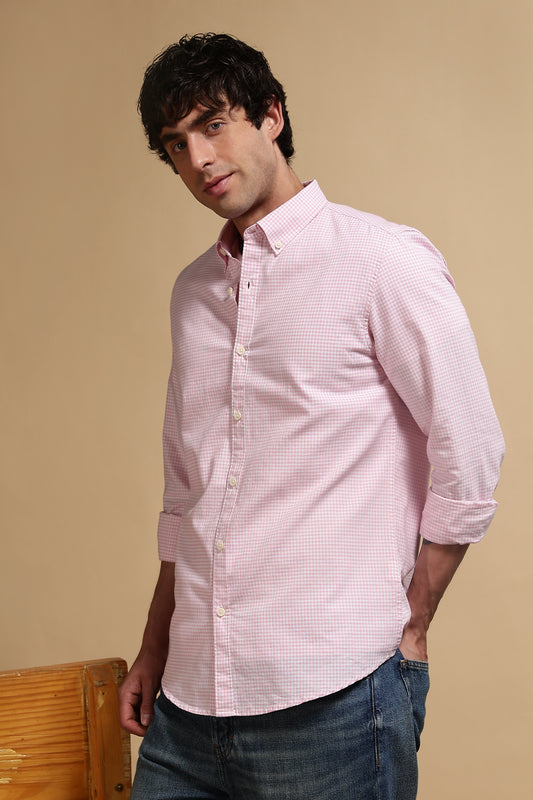 Cotton Oxford Slim Fit Mini Checks Shirt Pink