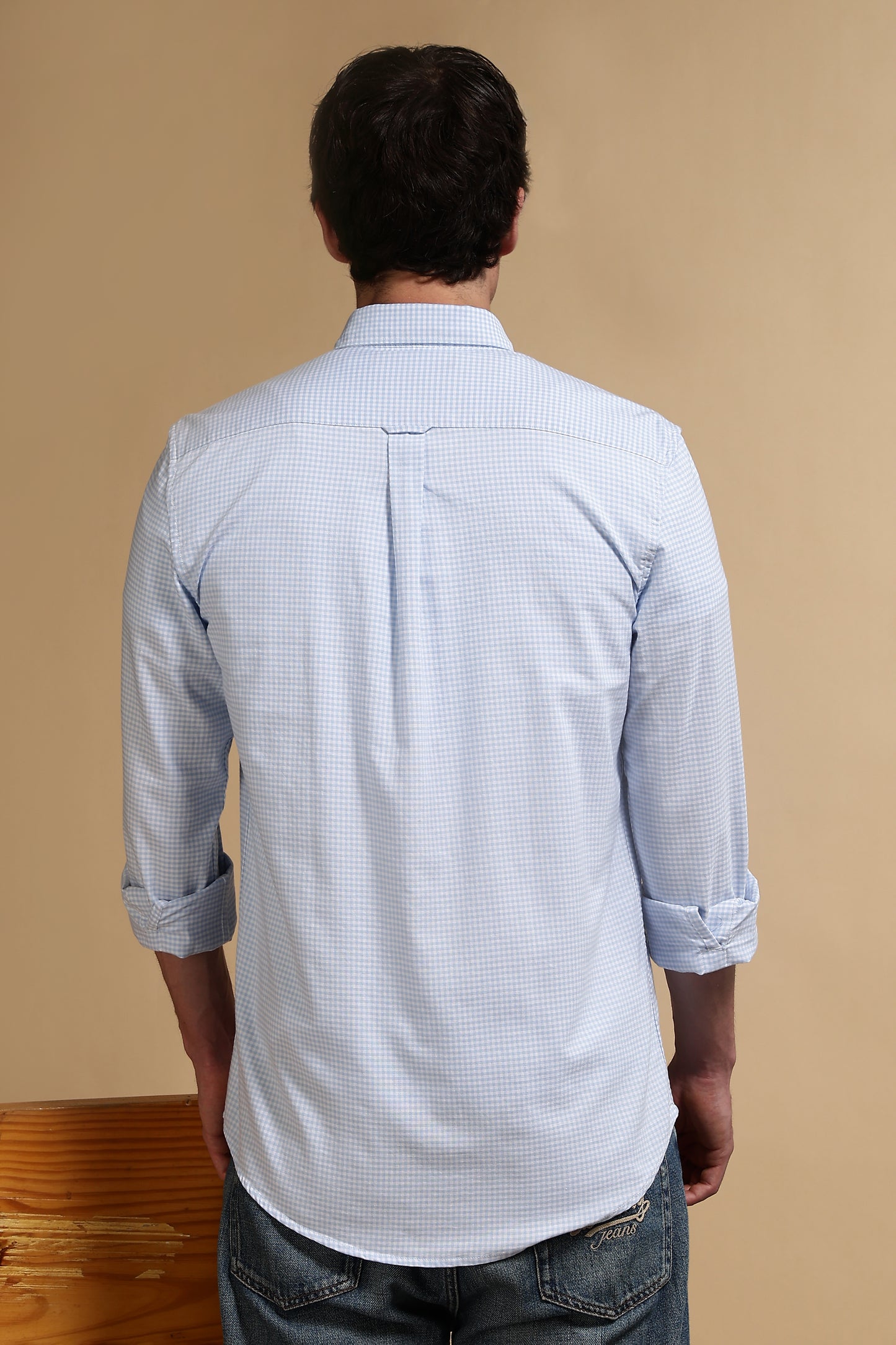 Cotton Oxford Slim Fit Mini Checks Shirt Lt Blue
