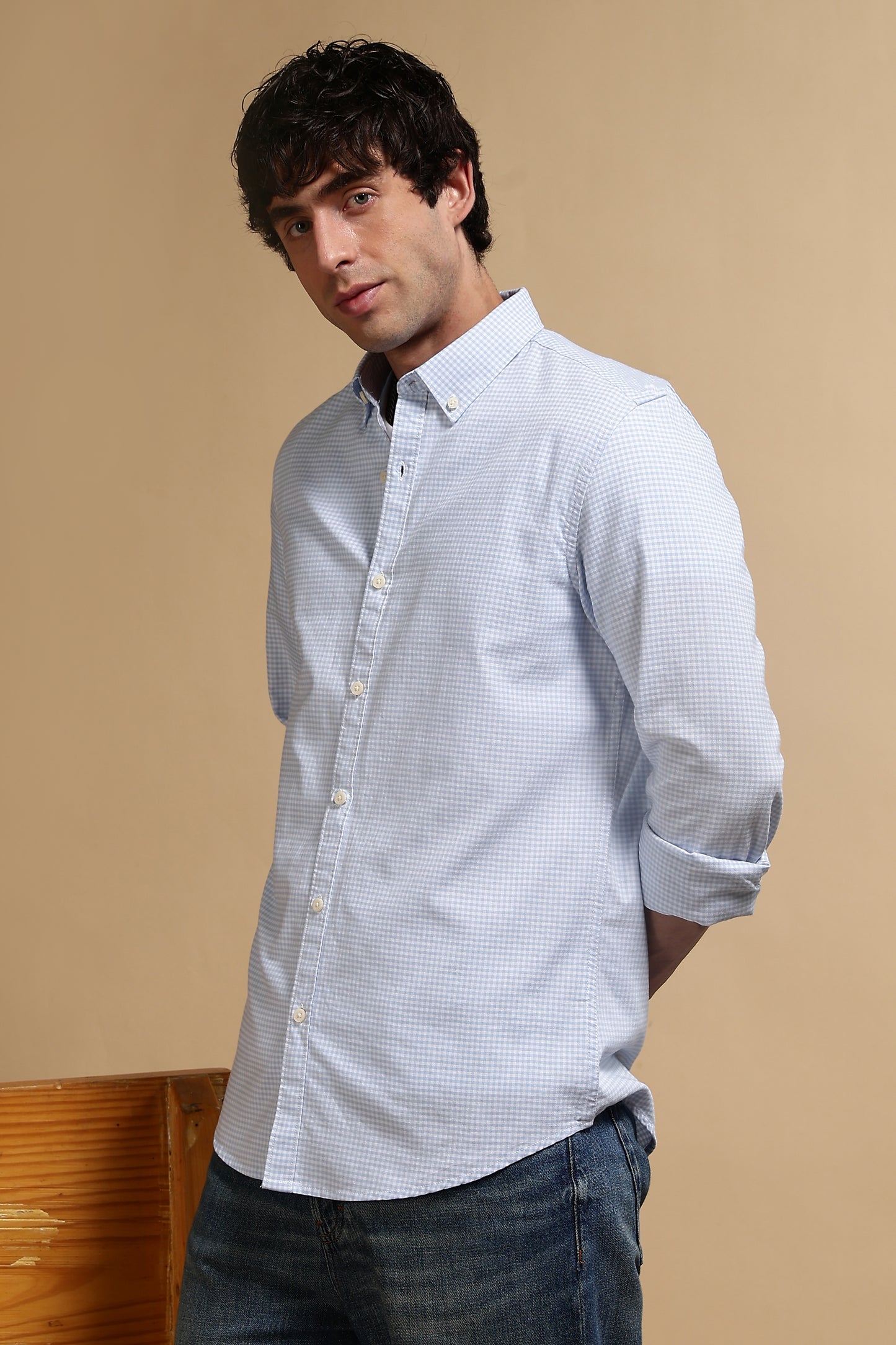Cotton Oxford Slim Fit Mini Checks Shirt Lt Blue