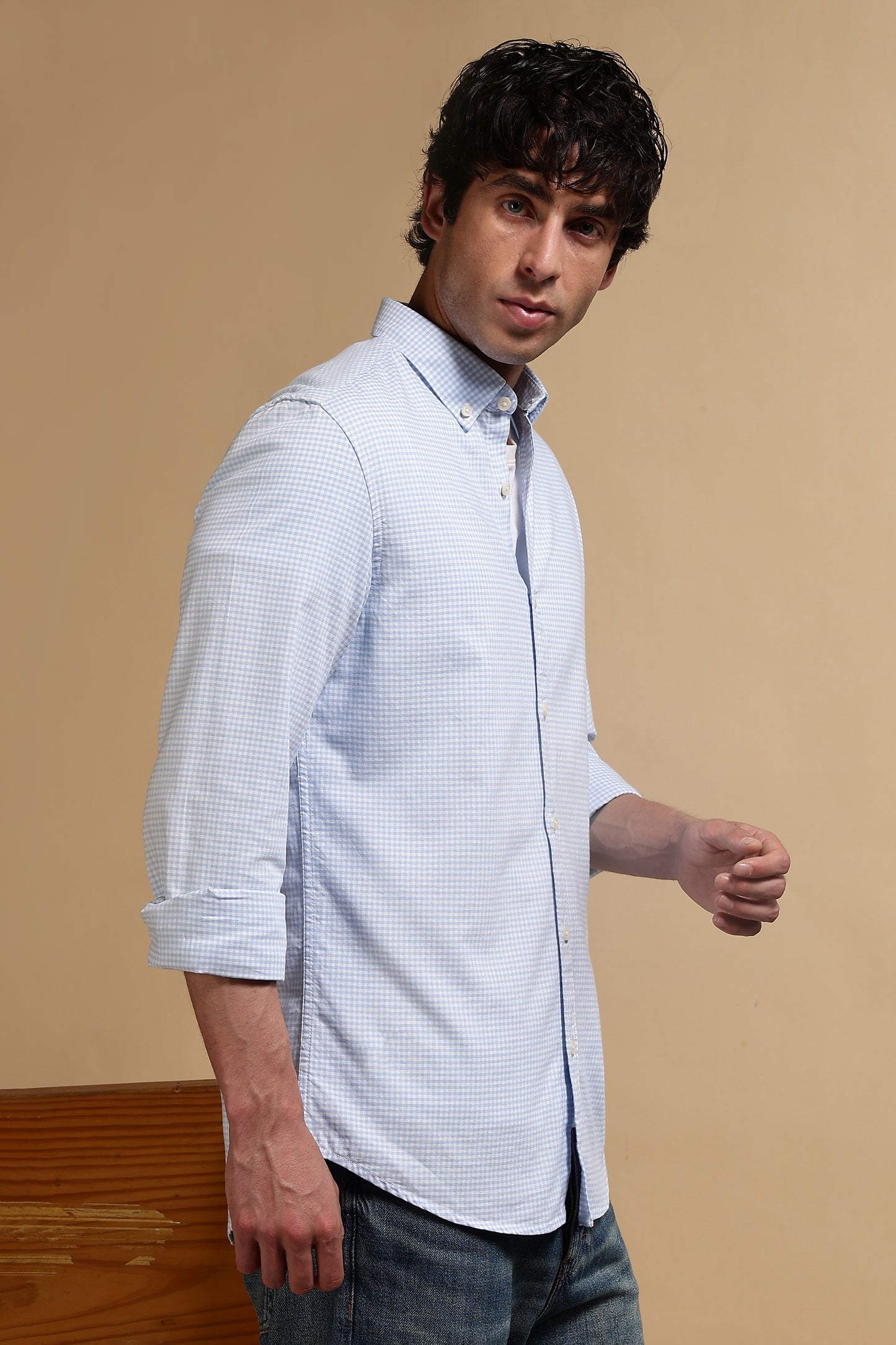 Cotton Oxford Slim Fit Mini Checks Shirt Lt Blue