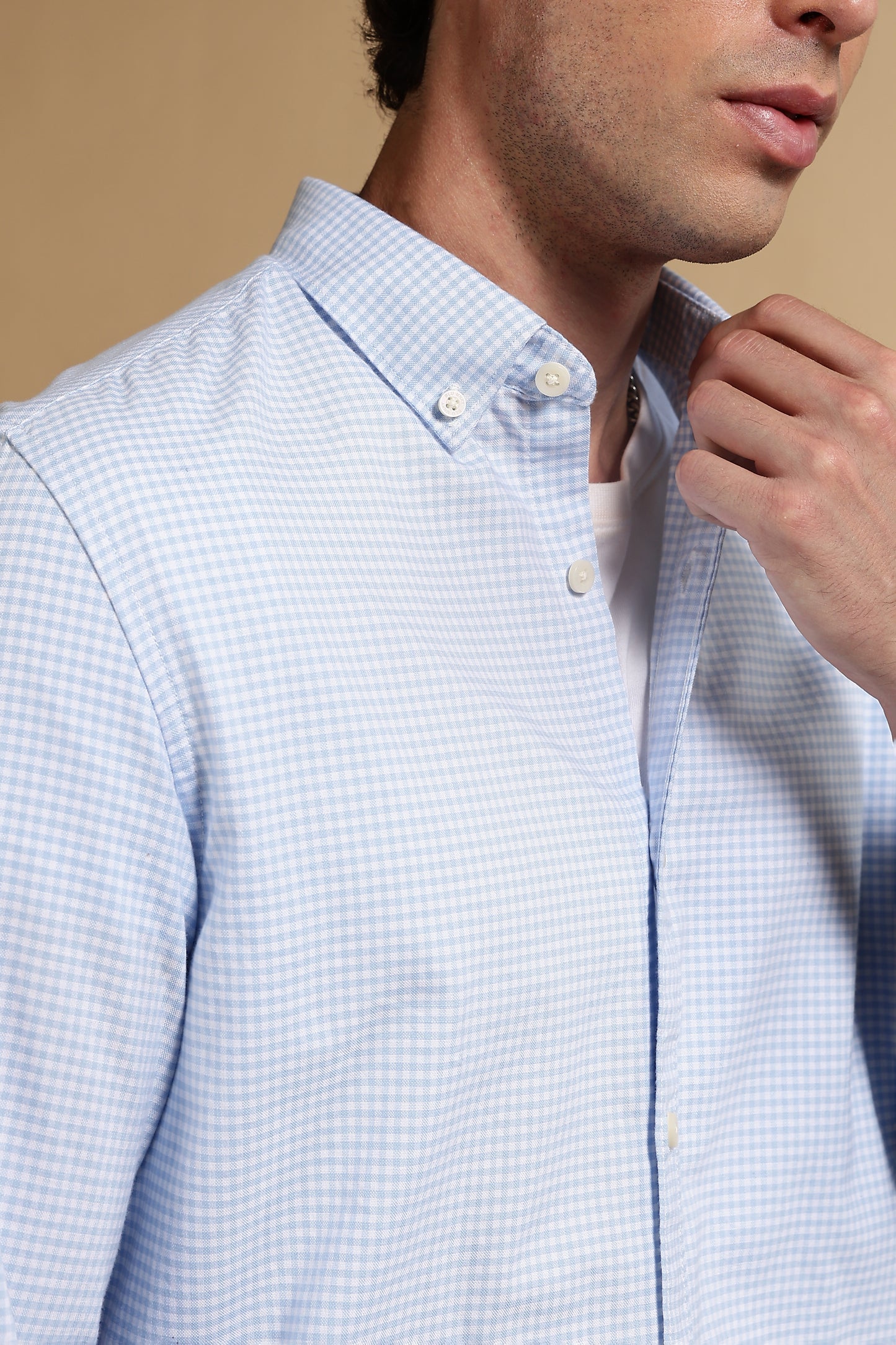 Cotton Oxford Slim Fit Mini Checks Shirt Lt Blue
