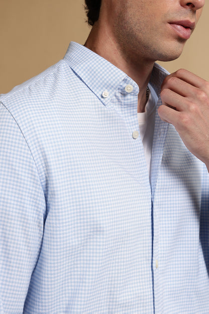 Slim Fit Mini Checks Shirt Lt Blue