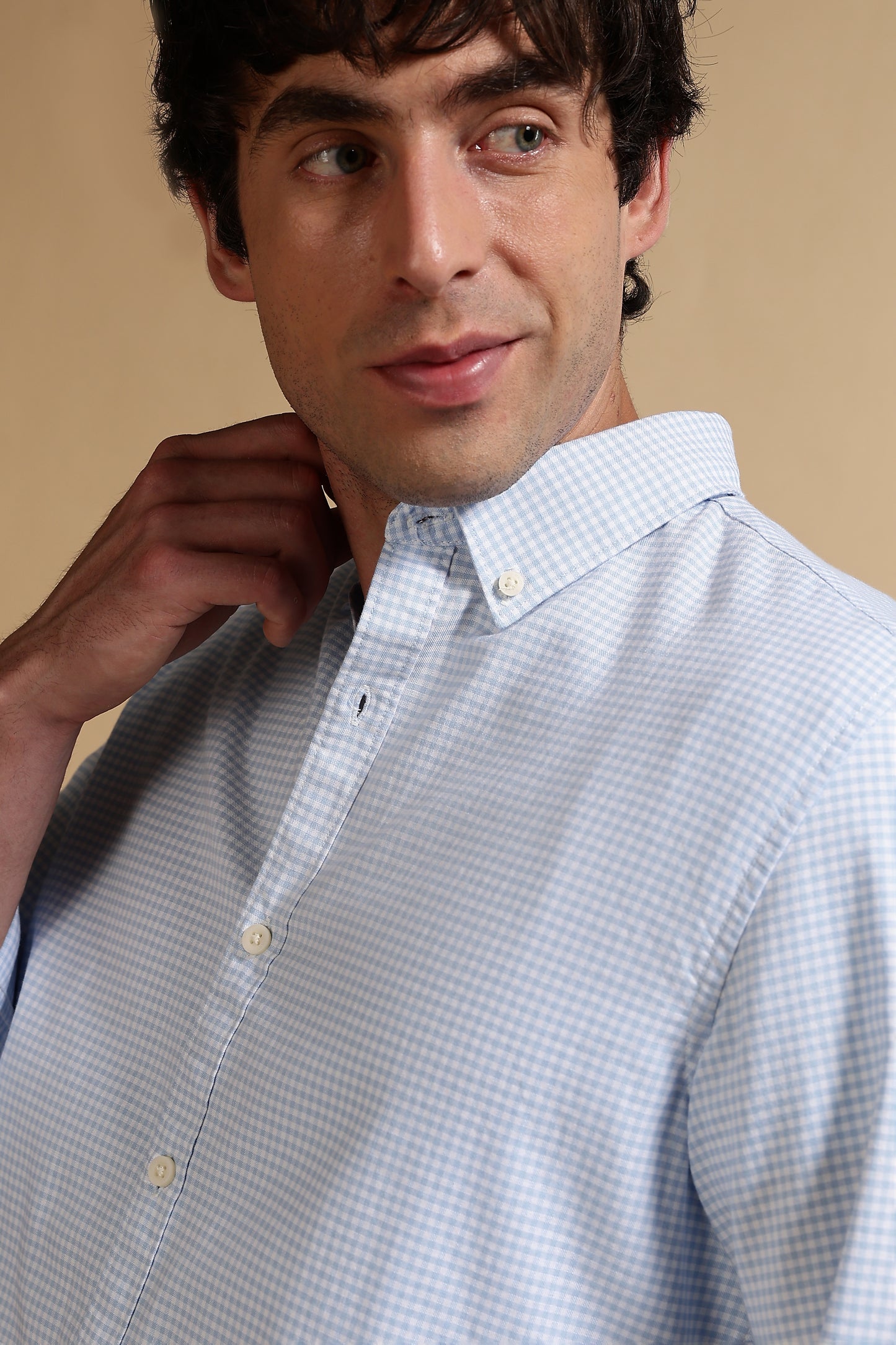 Cotton Oxford Slim Fit Mini Checks Shirt Lt Blue