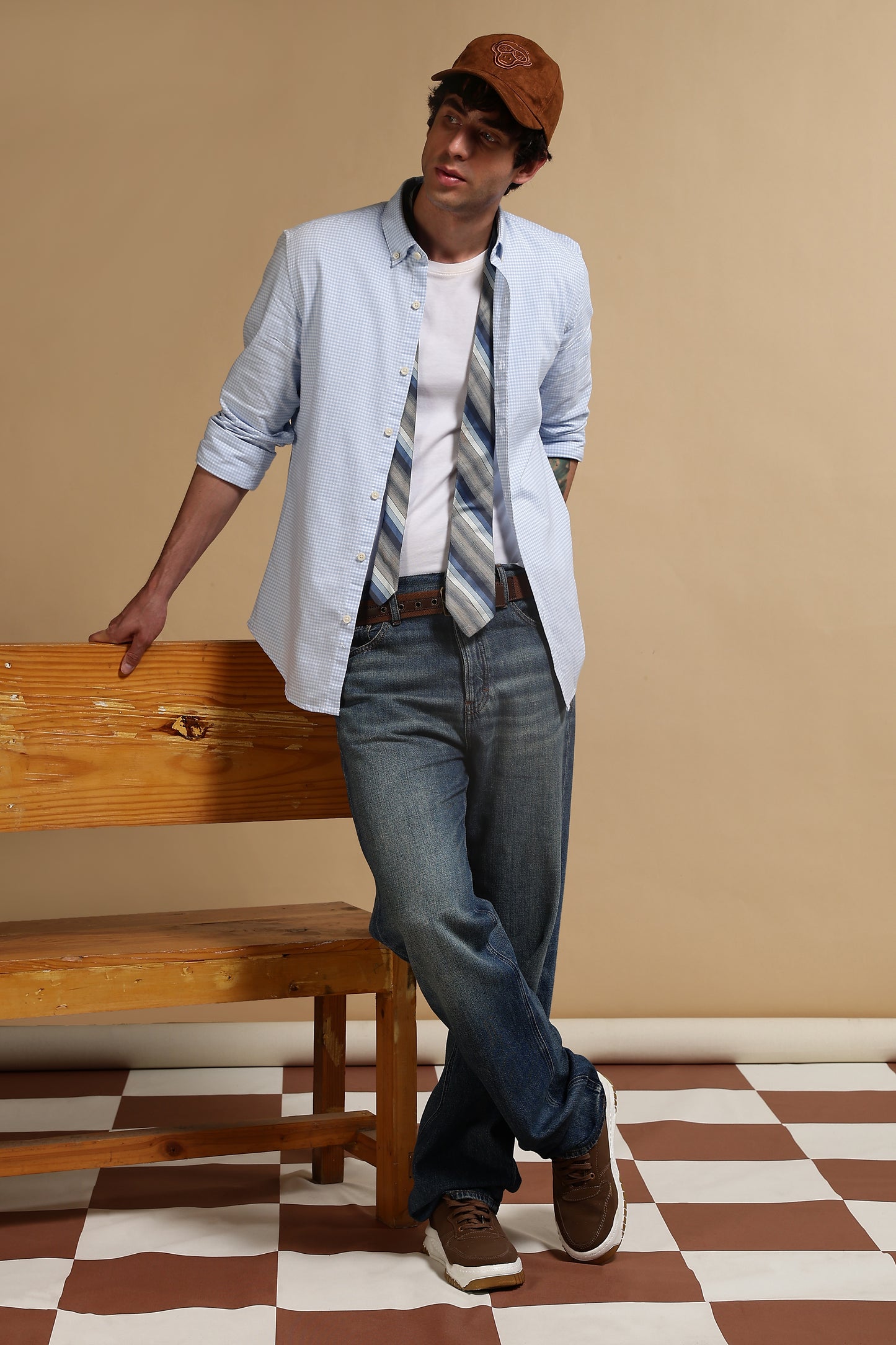 Cotton Oxford Slim Fit Mini Checks Shirt Lt Blue
