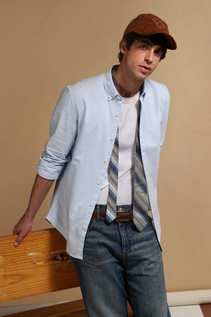 Slim Fit Mini Checks Shirt Lt Blue