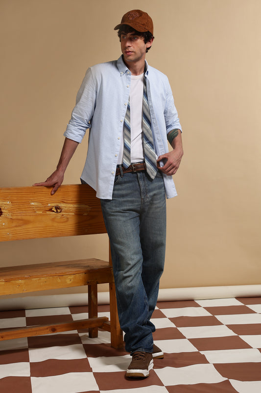 Cotton Oxford Slim Fit Mini Checks Shirt Lt Blue