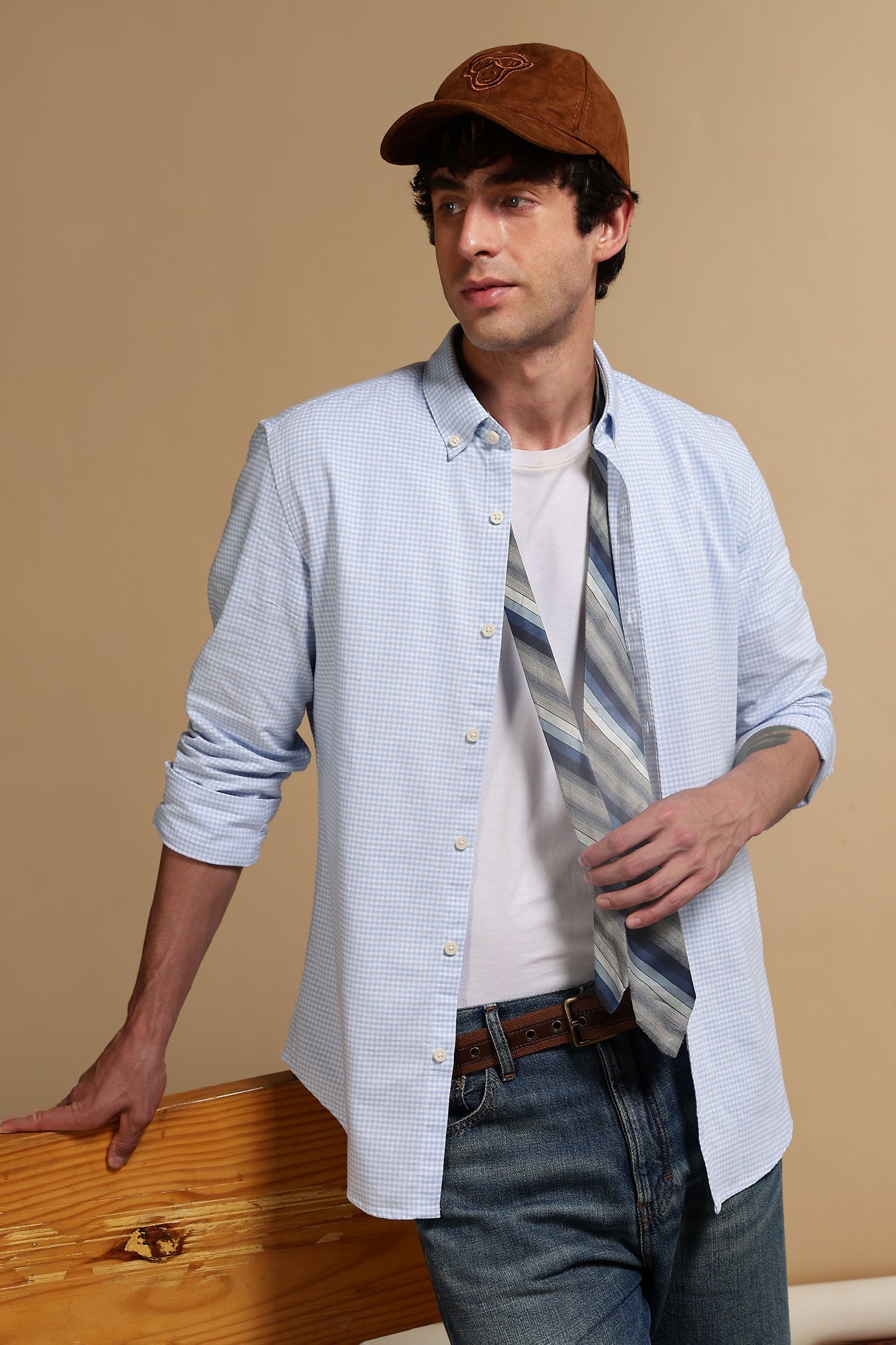 Cotton Oxford Slim Fit Mini Checks Shirt Lt Blue