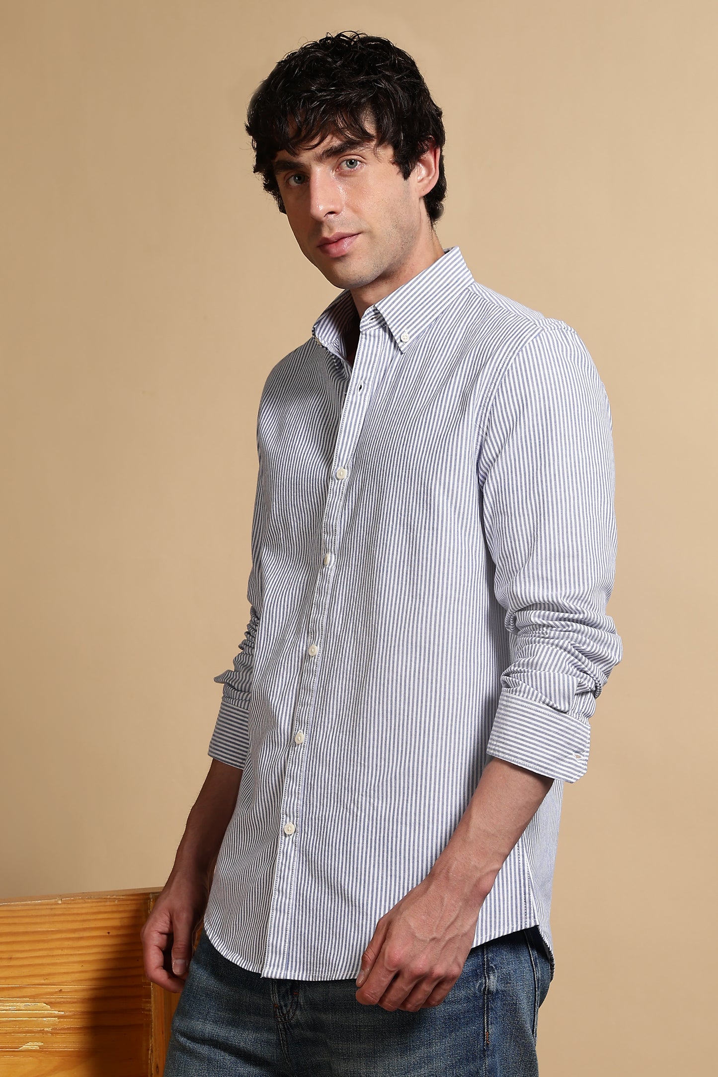 100% Cotton Oxford Slim Fit Striped Shirt Blue
