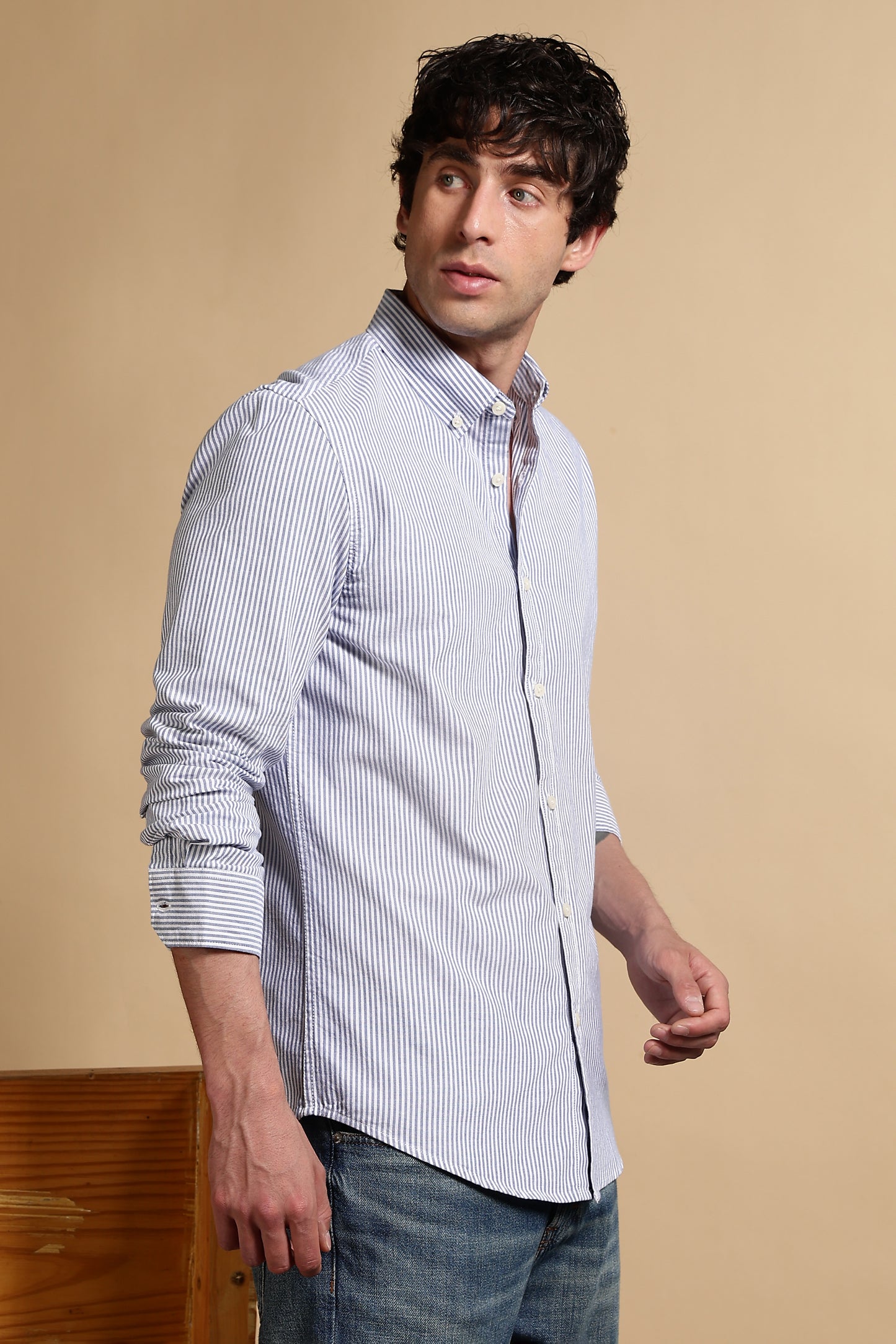 100% Cotton Oxford Slim Fit Striped Shirt Blue