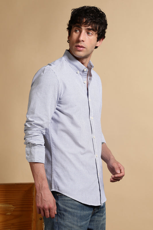 100% Cotton Oxford Slim Fit Striped Shirt Blue