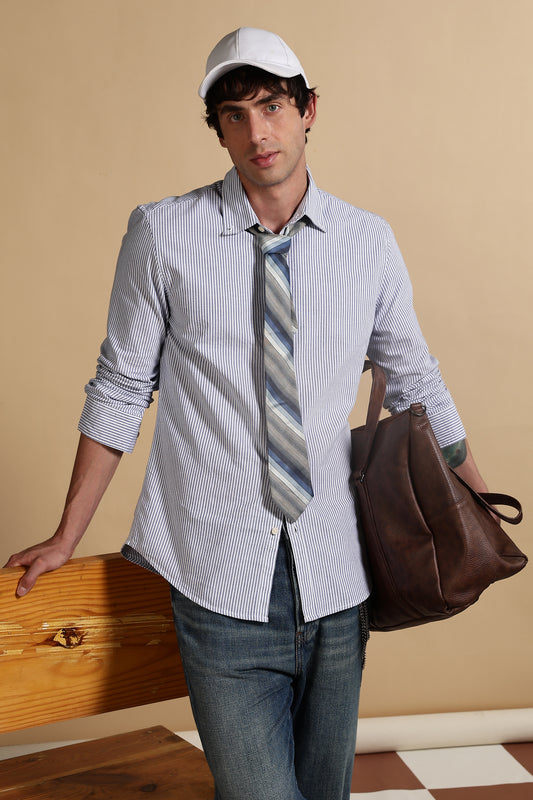 100% Cotton Oxford Slim Fit Striped Shirt Blue