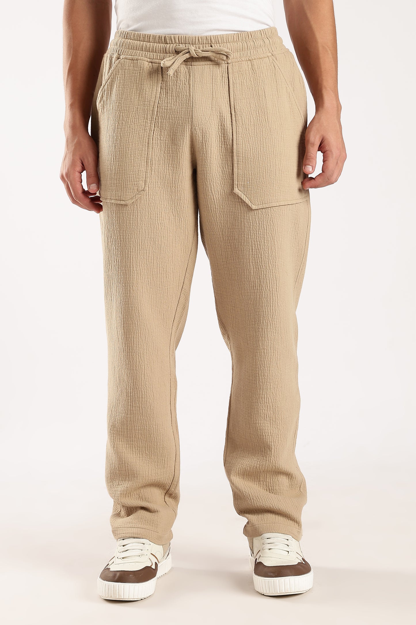 100% Cotton Double Cloth Drawcord Trousers Dk Beige