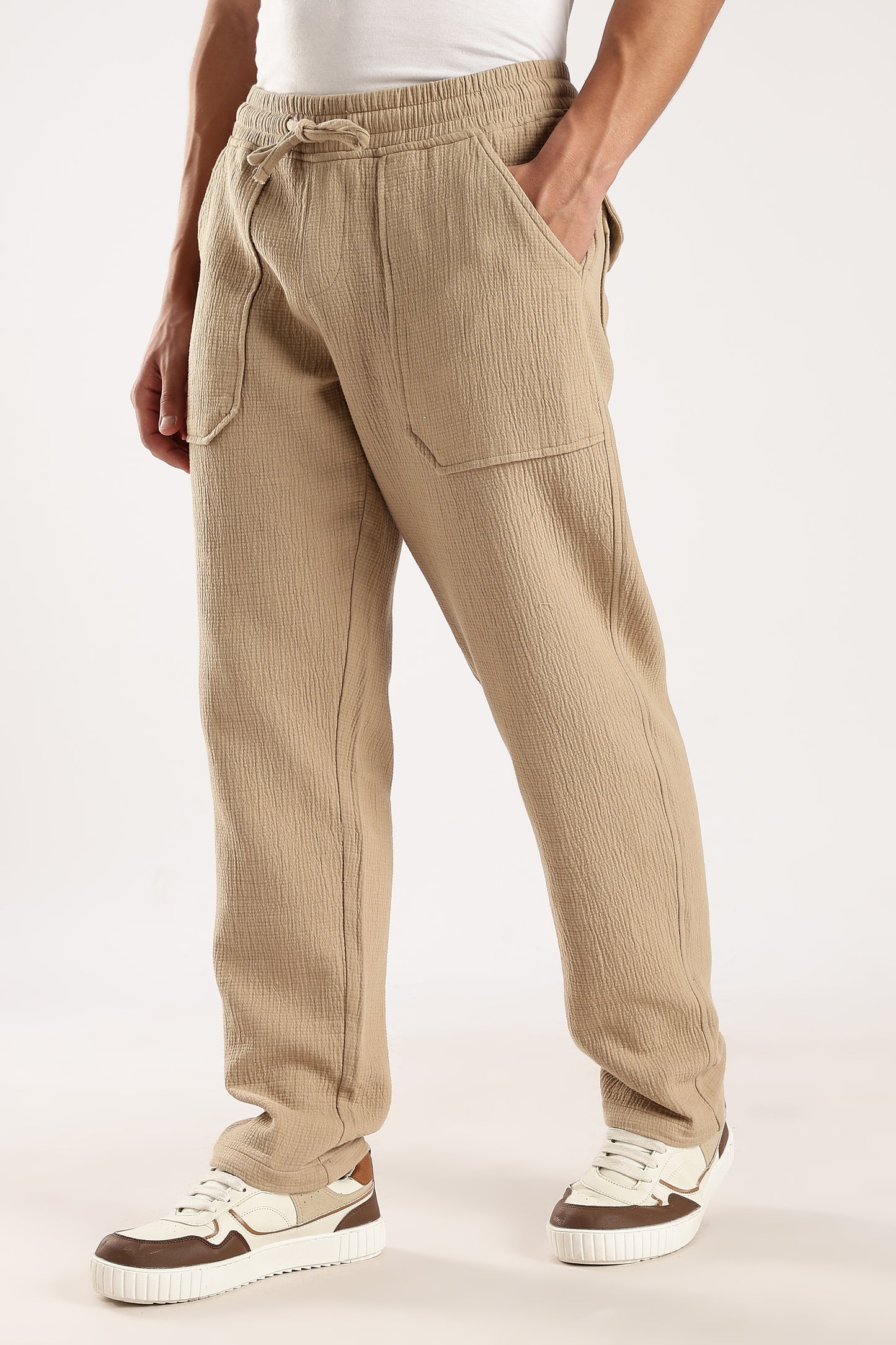 100% Cotton Double Cloth Drawcord Trousers Dk Beige