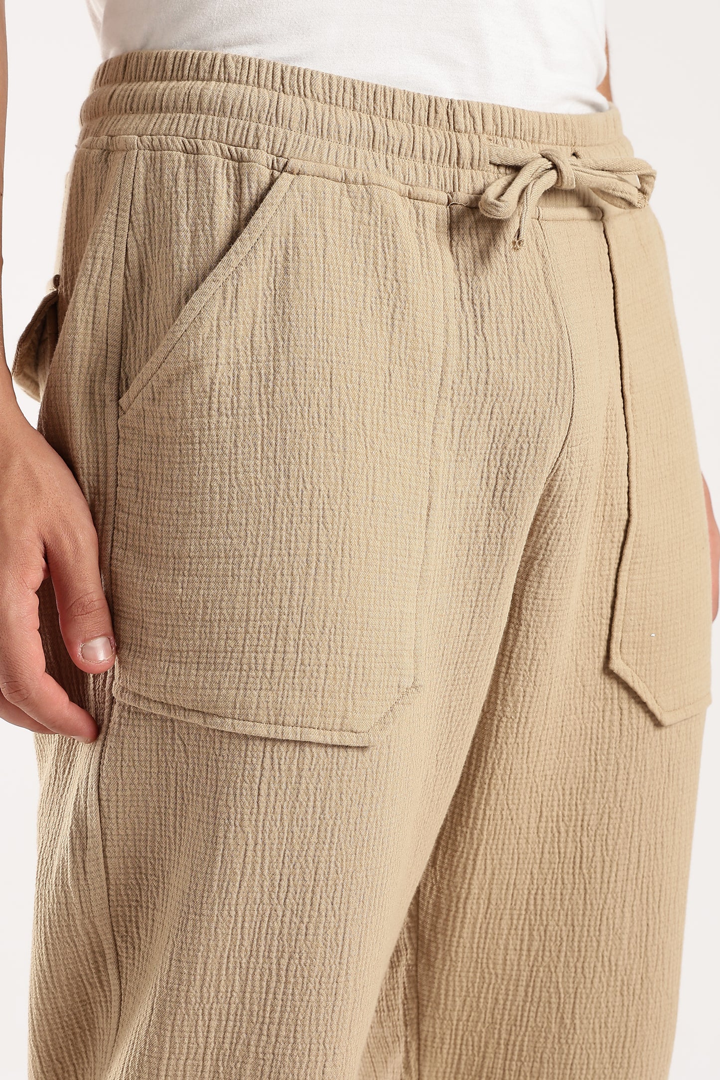 100% Cotton Double Cloth Drawcord Trousers Dk Beige
