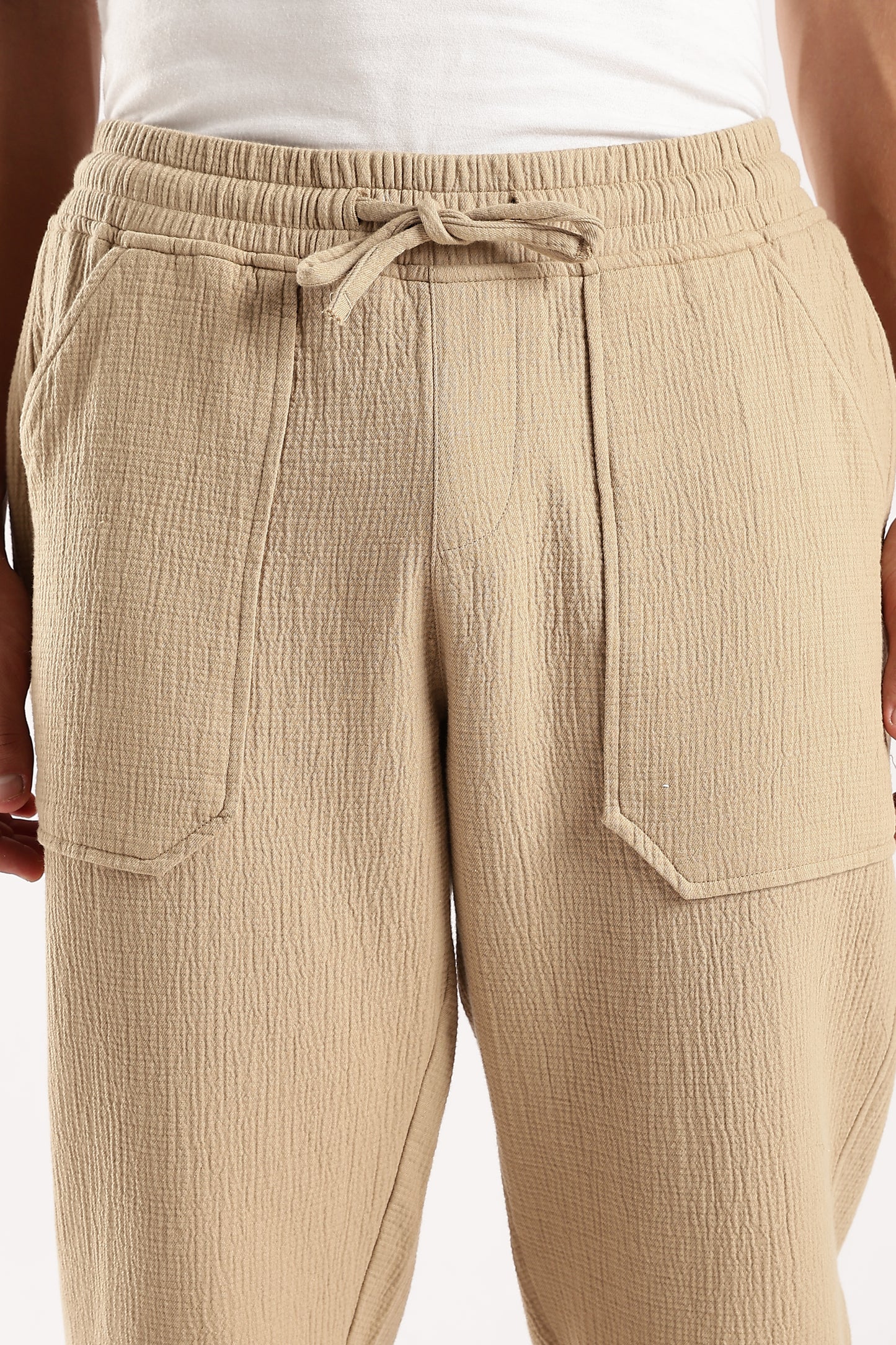 100% Cotton Double Cloth Drawcord Trousers Dk Beige