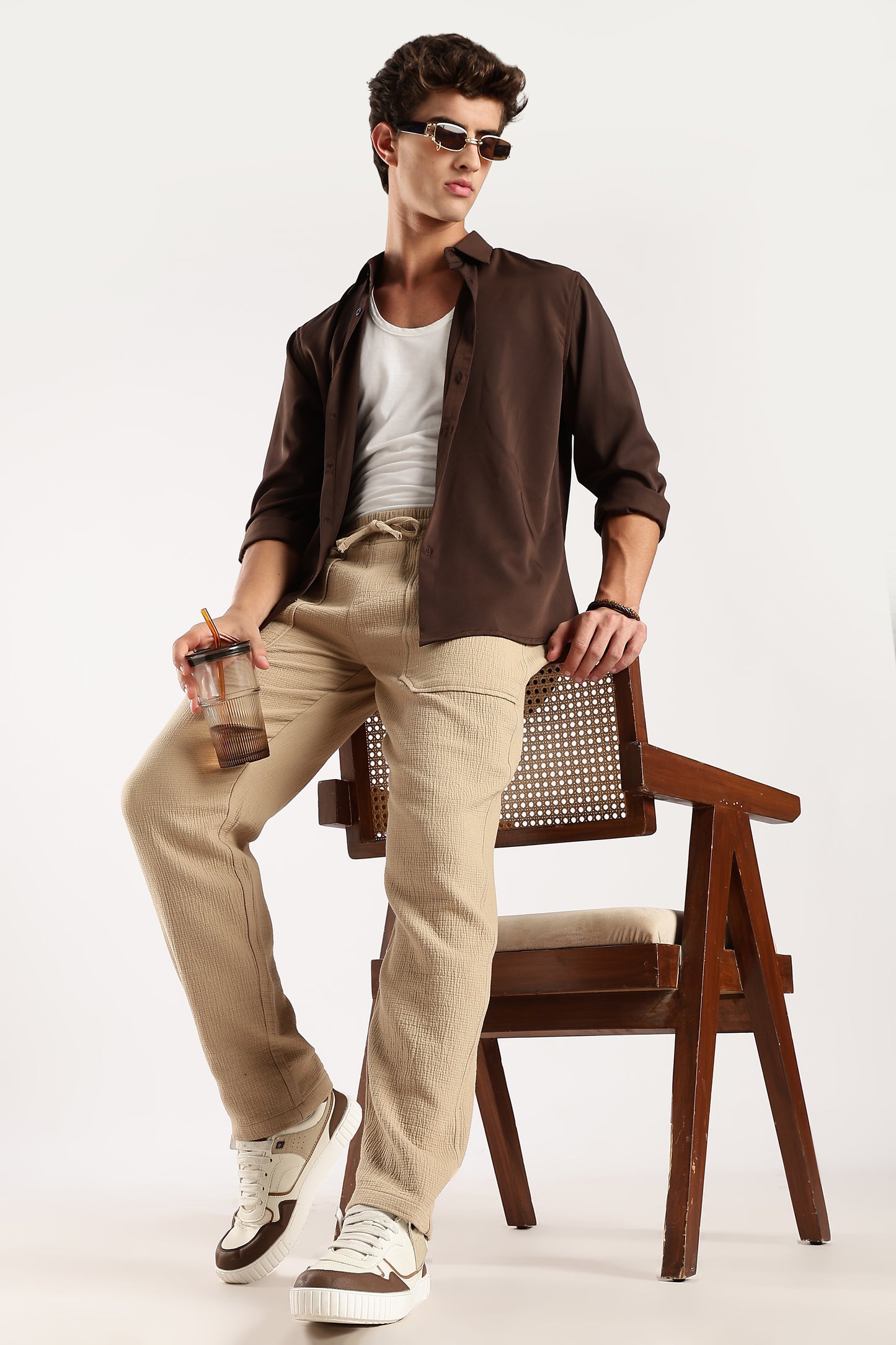 100% Cotton Double Cloth Drawcord Trousers Dk Beige