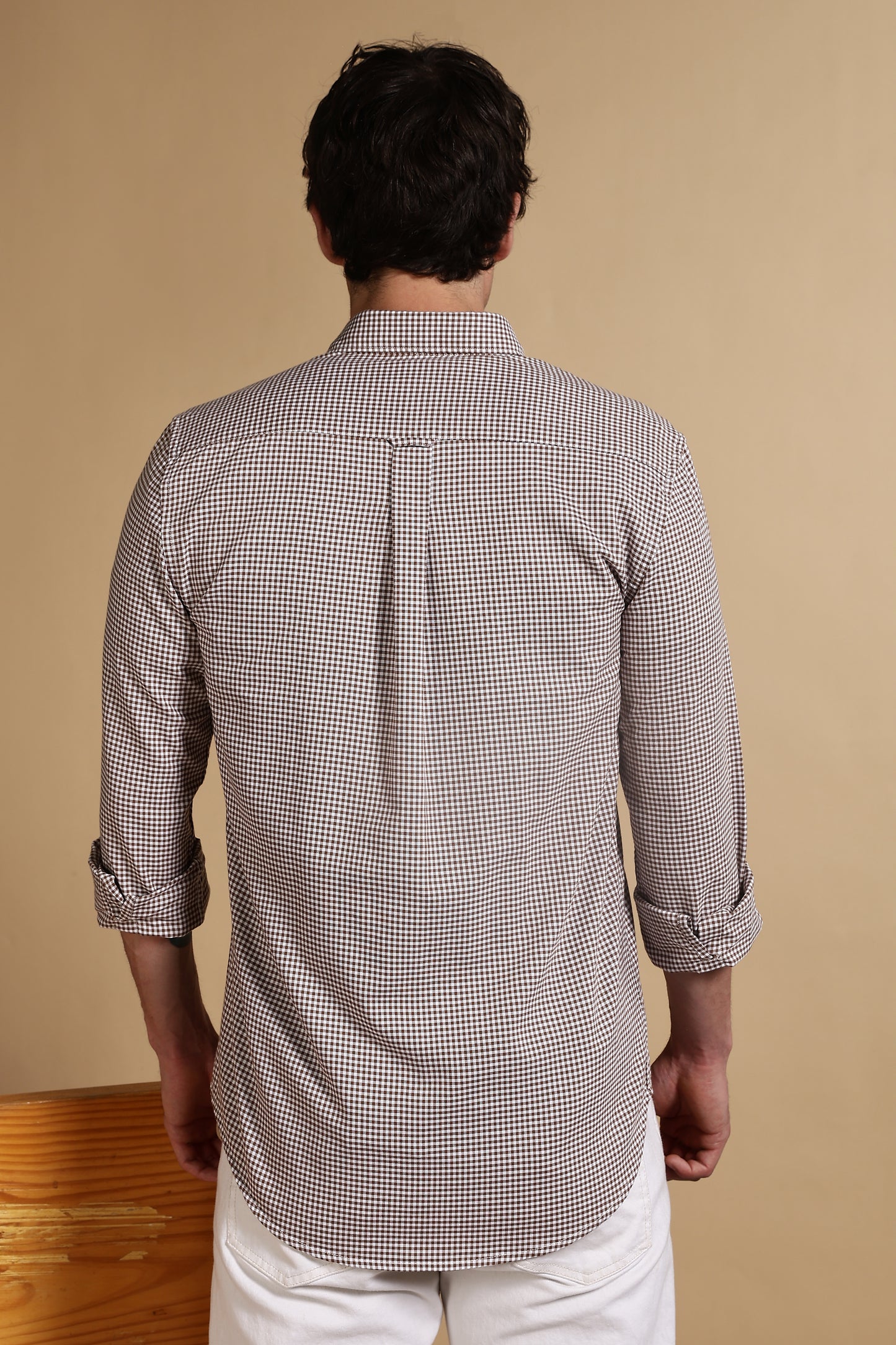 Cotton Oxford Slim Fit Mini Checks Shirt Brown