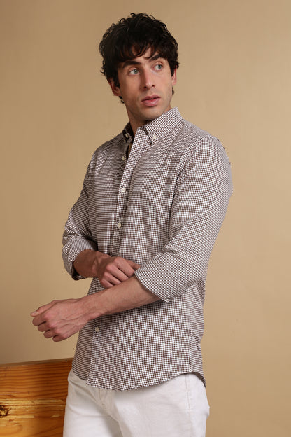 Slim Fit Mini Checks Shirt Brown